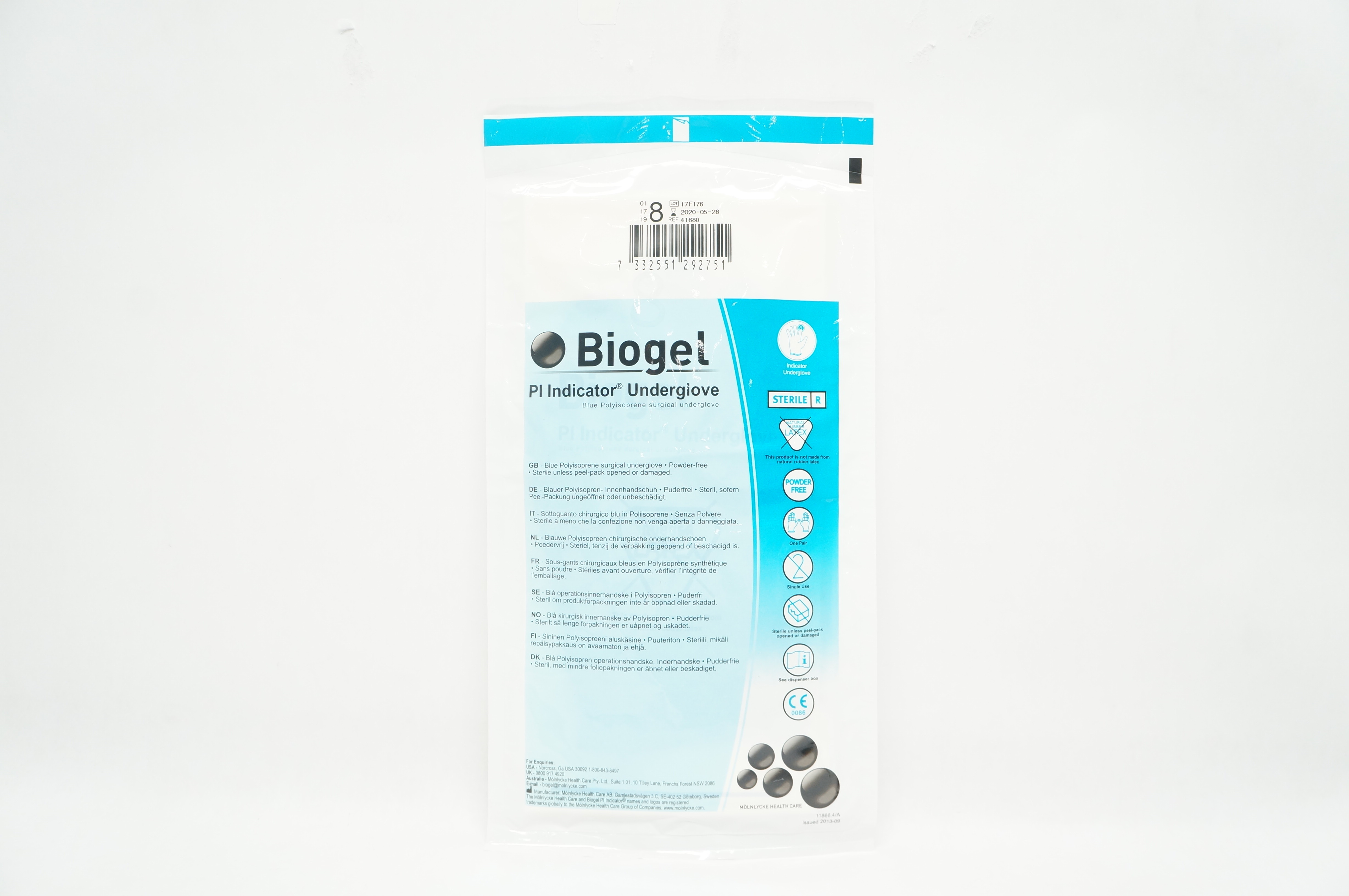 Molnlycke HealthCare 41680 Biogel Pl Indicator Surgical Underglove, Size 8 (x)