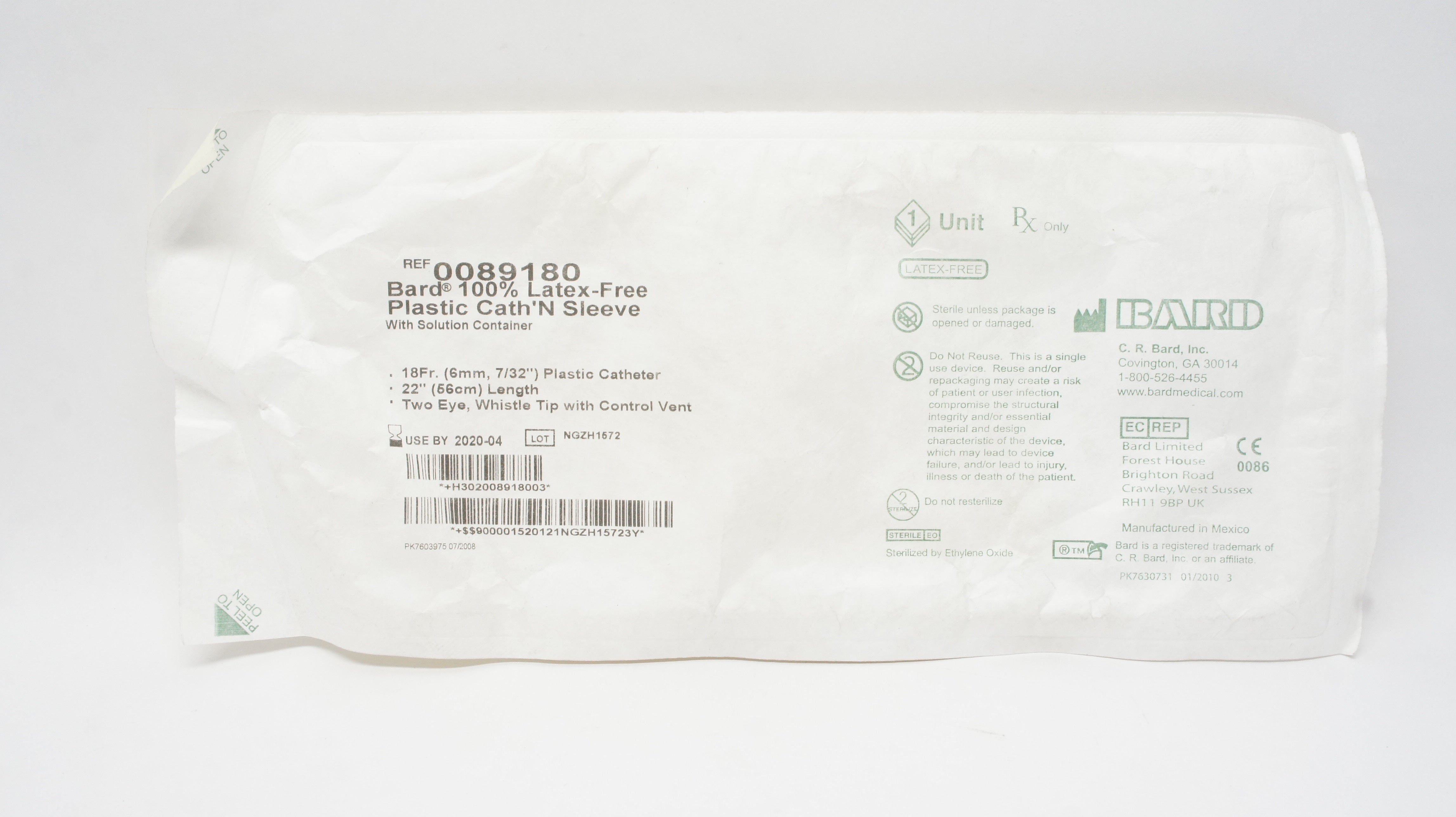 Bard 0089180 100% Latex-Free Plastic Cath'N Sleeve w/Solution Container 18Fr (x)