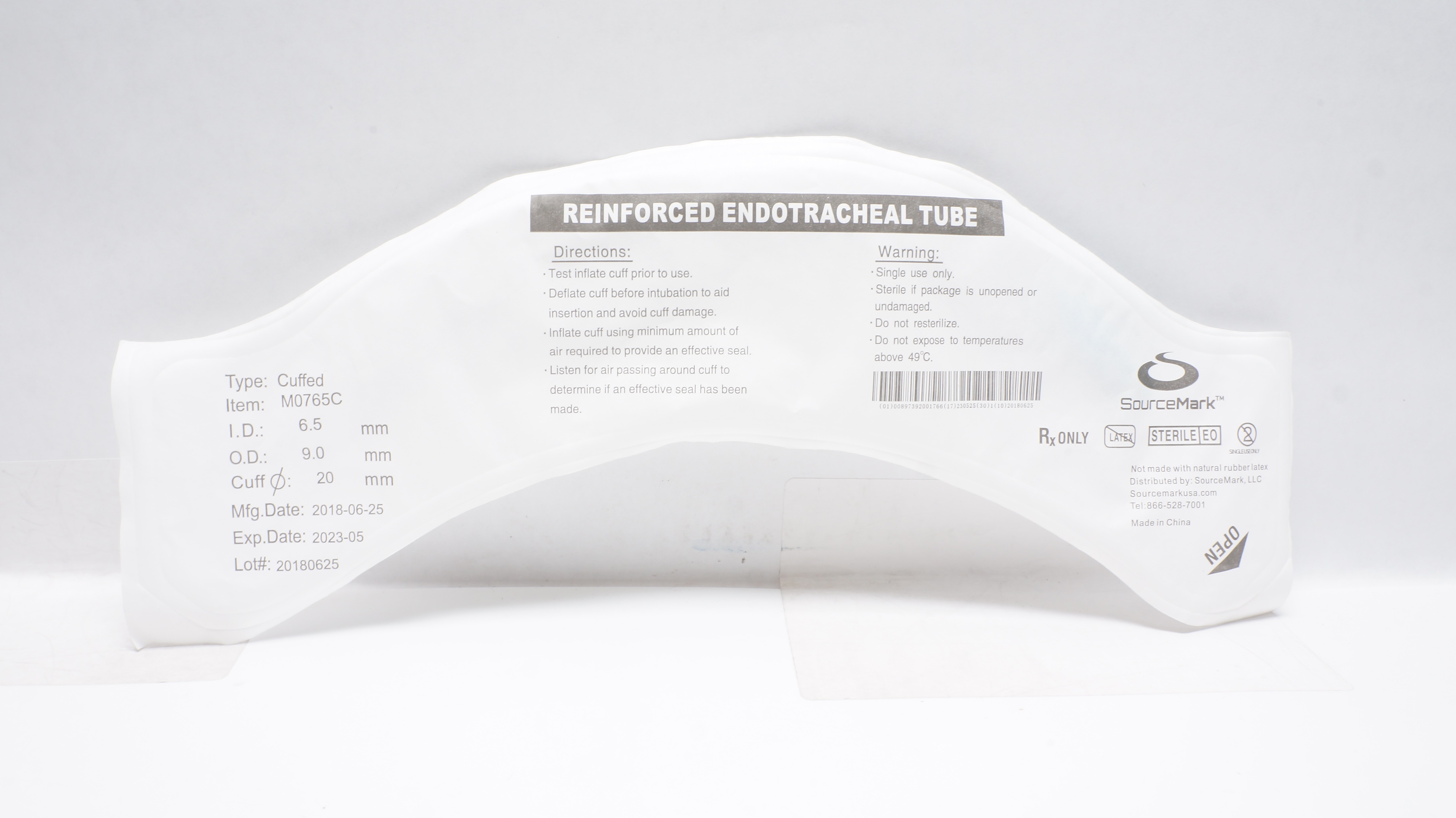 SourceMark M0765C Reinforced Endotracheal Tube 6.5mmID x 9.0mmOD x 20mm (x)