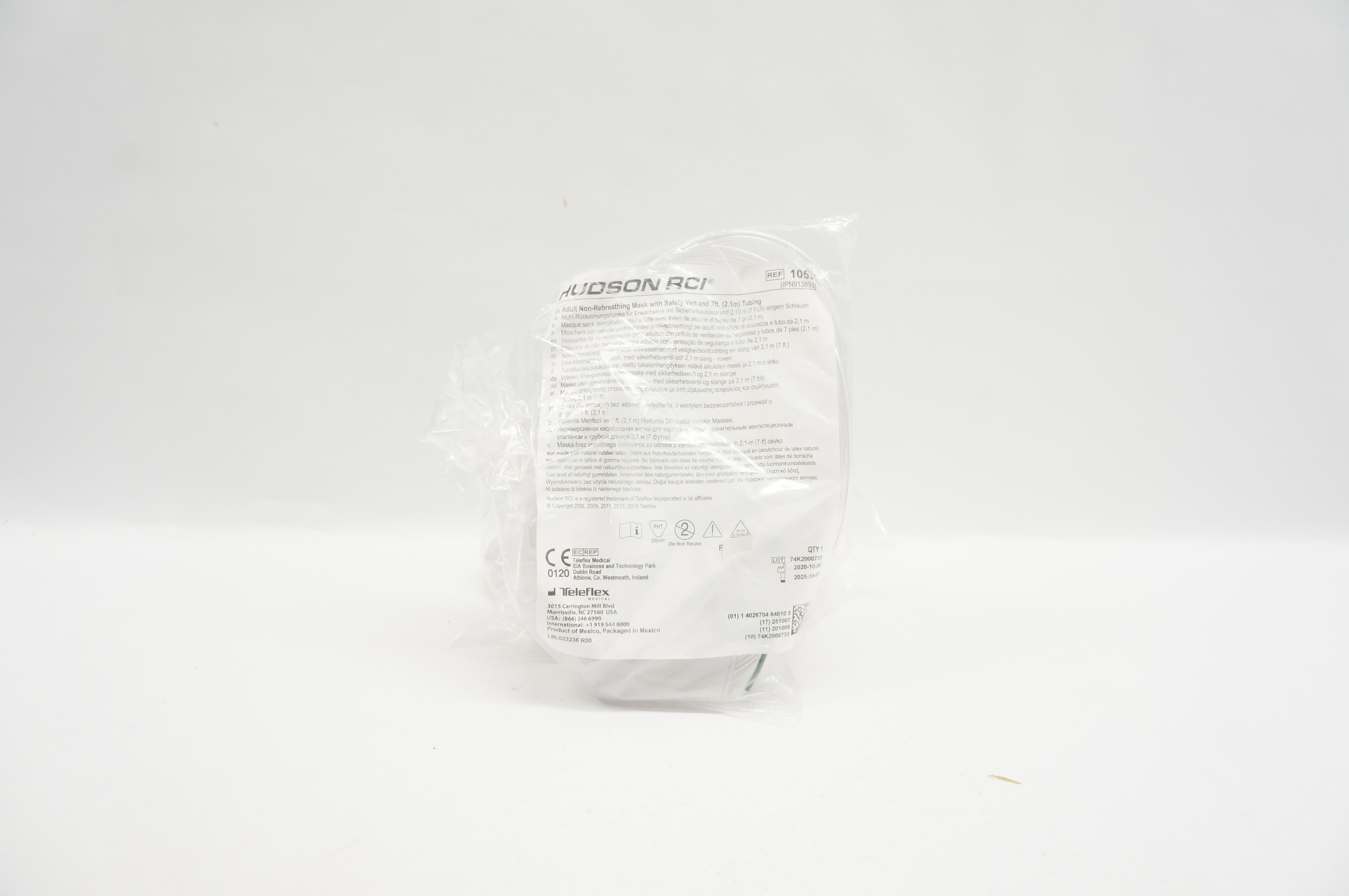 Teleflex 1059 Hudson RCI Adult Non-Rebreathing Mask w/Safety Vent & 7 ft. Tubing