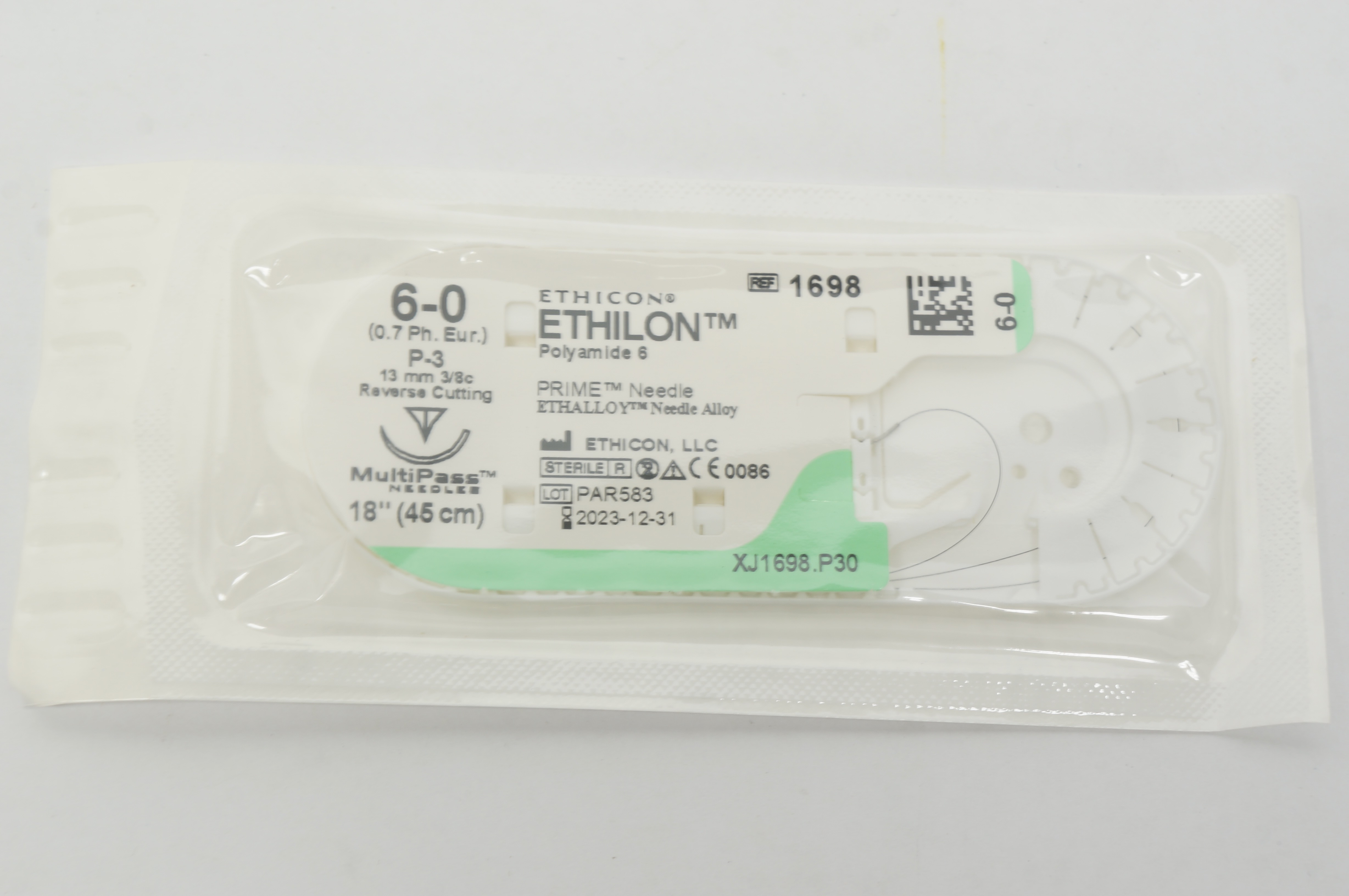 Ethicon 1698 6-0 Ethilon Polyamide 6 Stre P-3 13mm 3/8c Reverse Cutting, 18inch