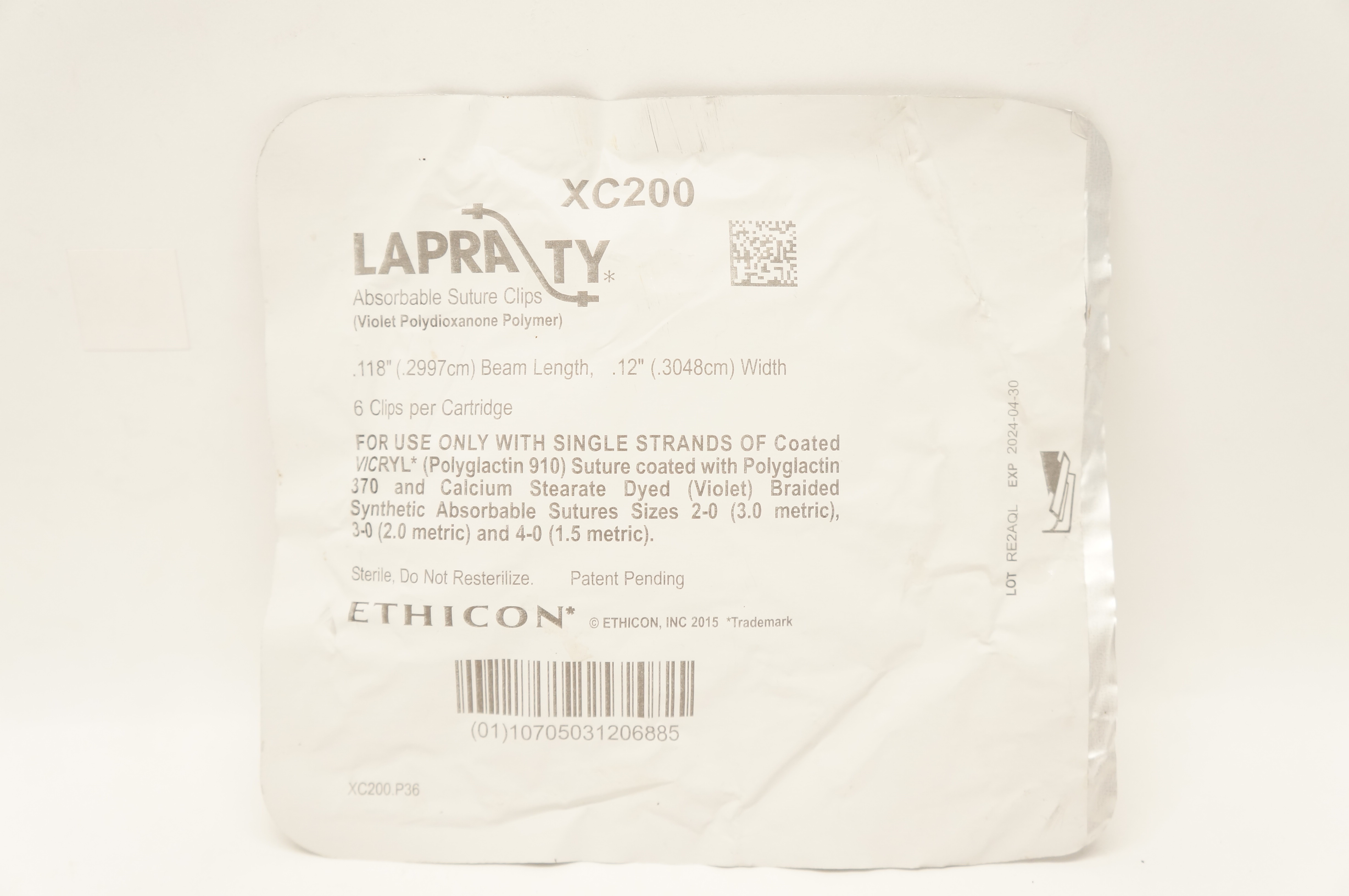 Ethicon XC200 LAPRA TY Absorbable Stre Clips 12inch x 118inch