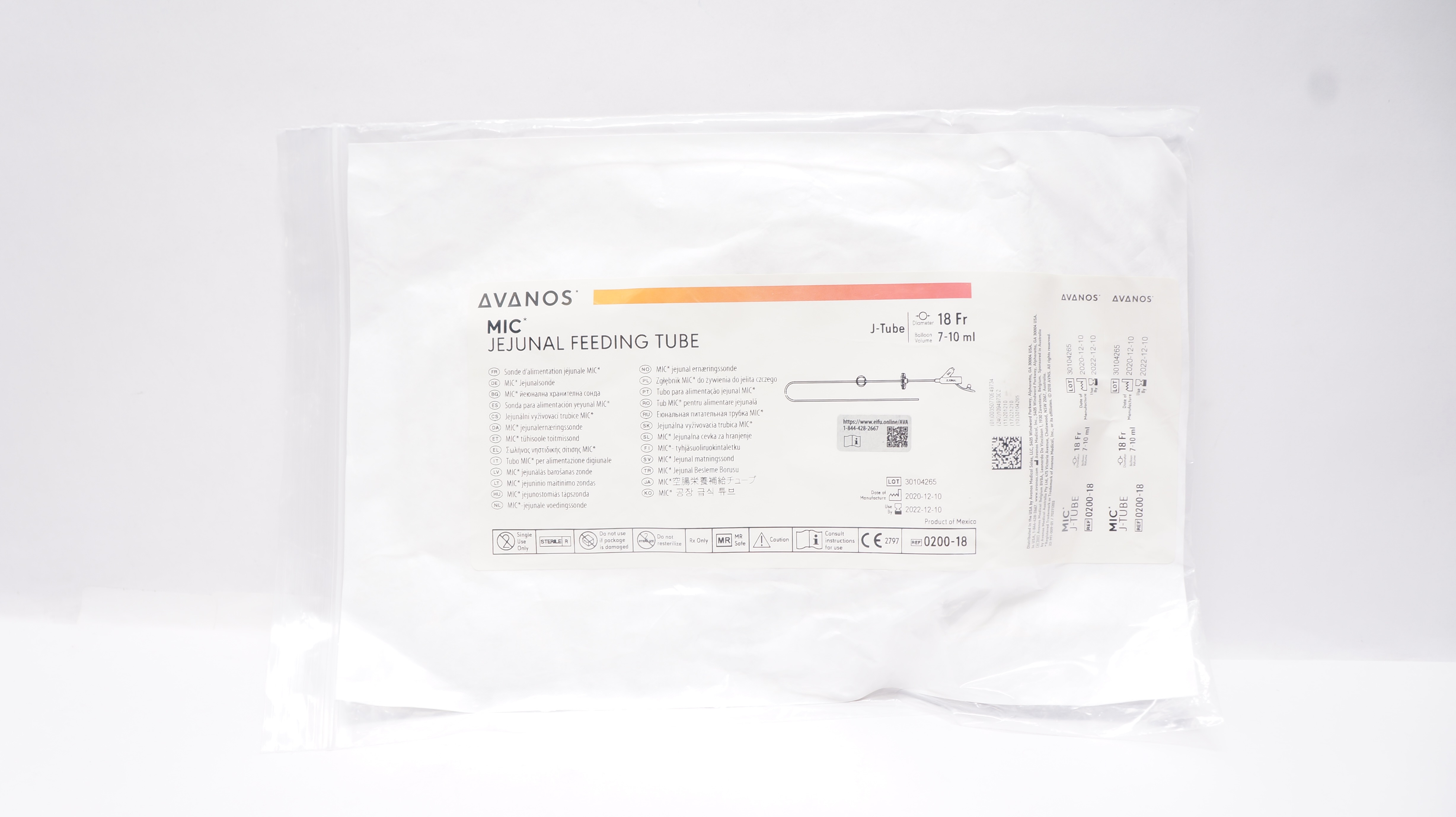 Avanos 0200-18 MIC Jejunal Feeding Tube J-Tube 18Fr x 7-10 ml (x)