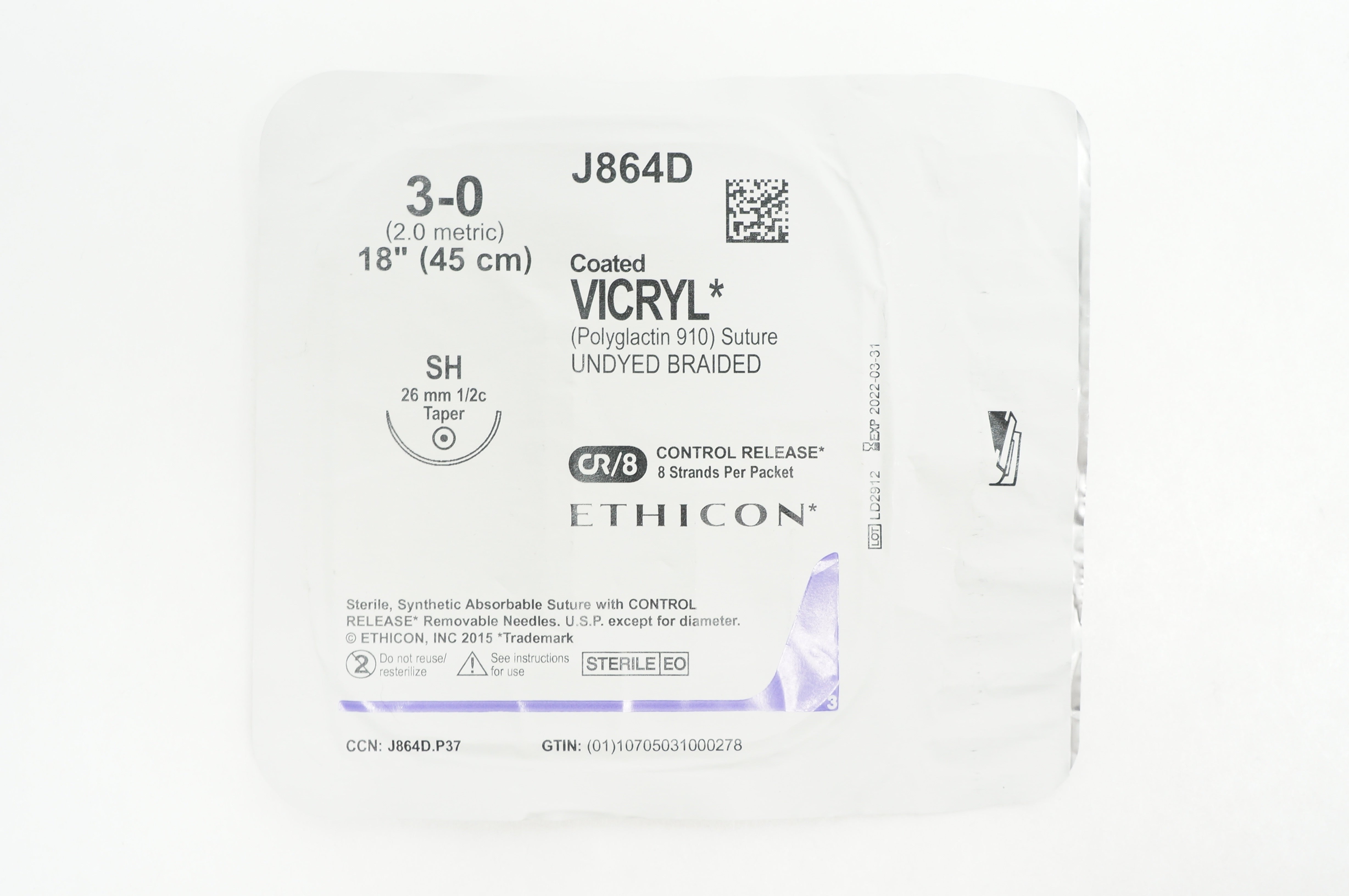 Ethicon J864D 3-0 VICRYL SH 26mm 1/2c Taper, 18inch
