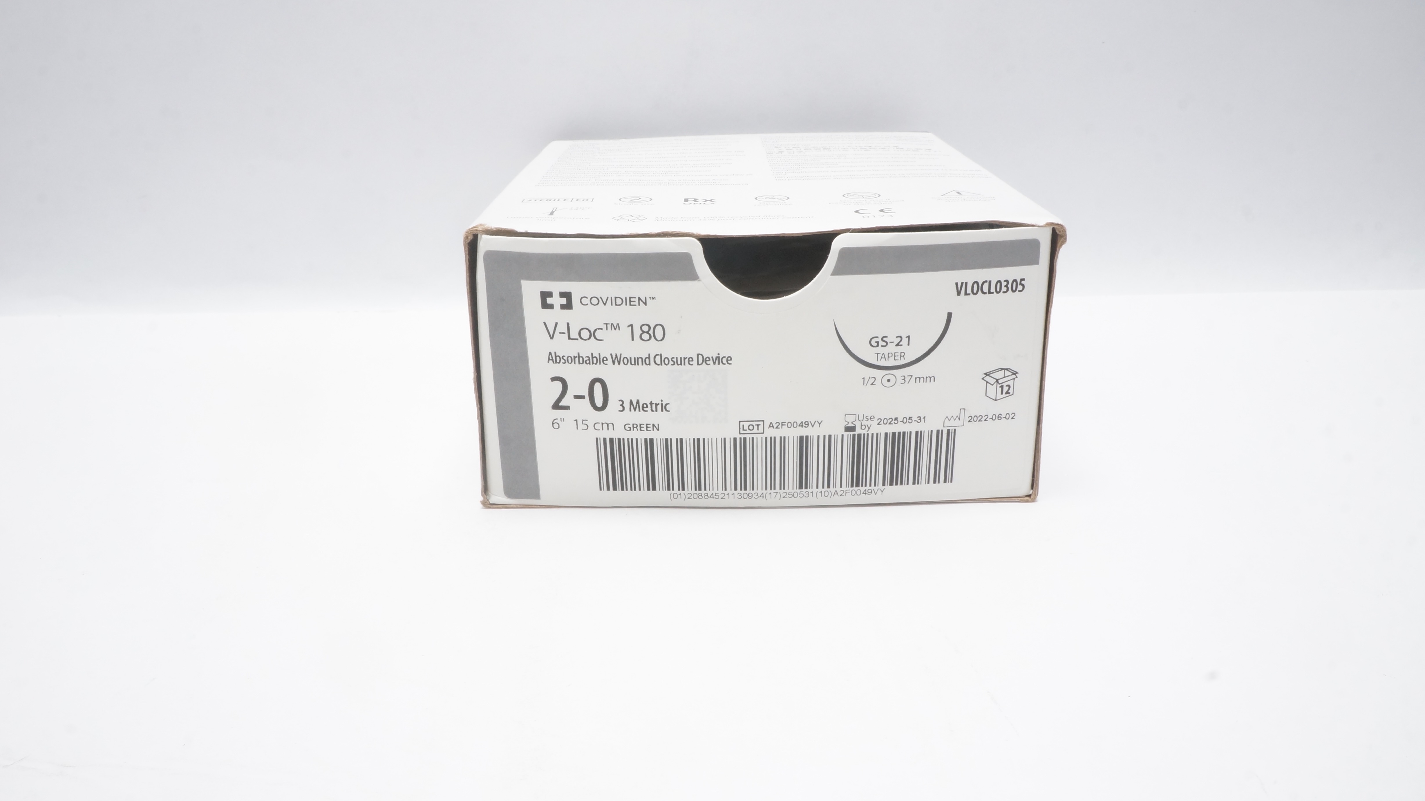 Covidien VLOCL0305 2-0 V-Loc Wound Closure GS-21 37mm 1/2 Taper 6inch- Box of 8