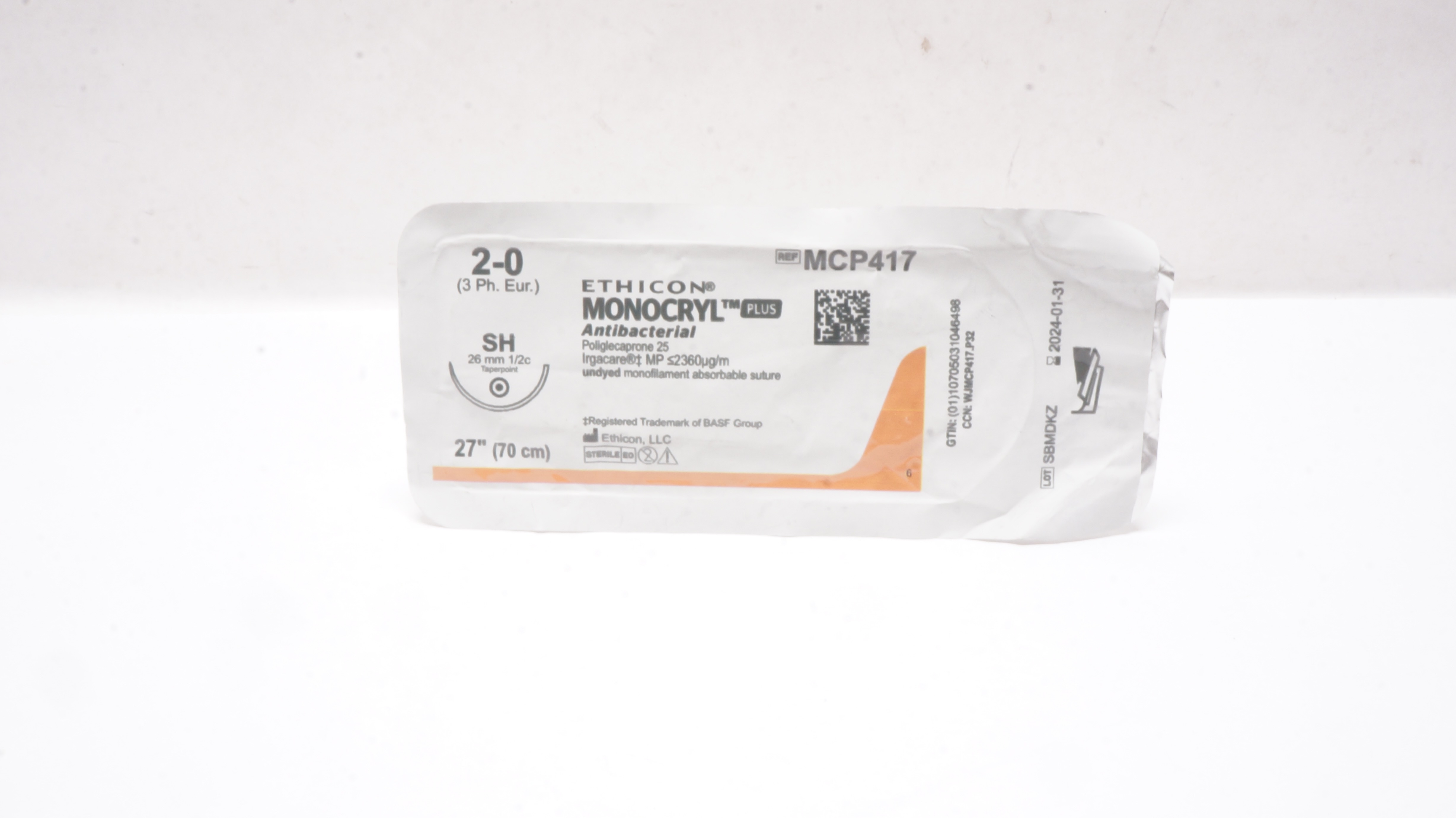 Ethicon MCP417 2-0 MONOCRYL Plus Antibacterial Stre SH 26mm 1/2c Taper 27inch