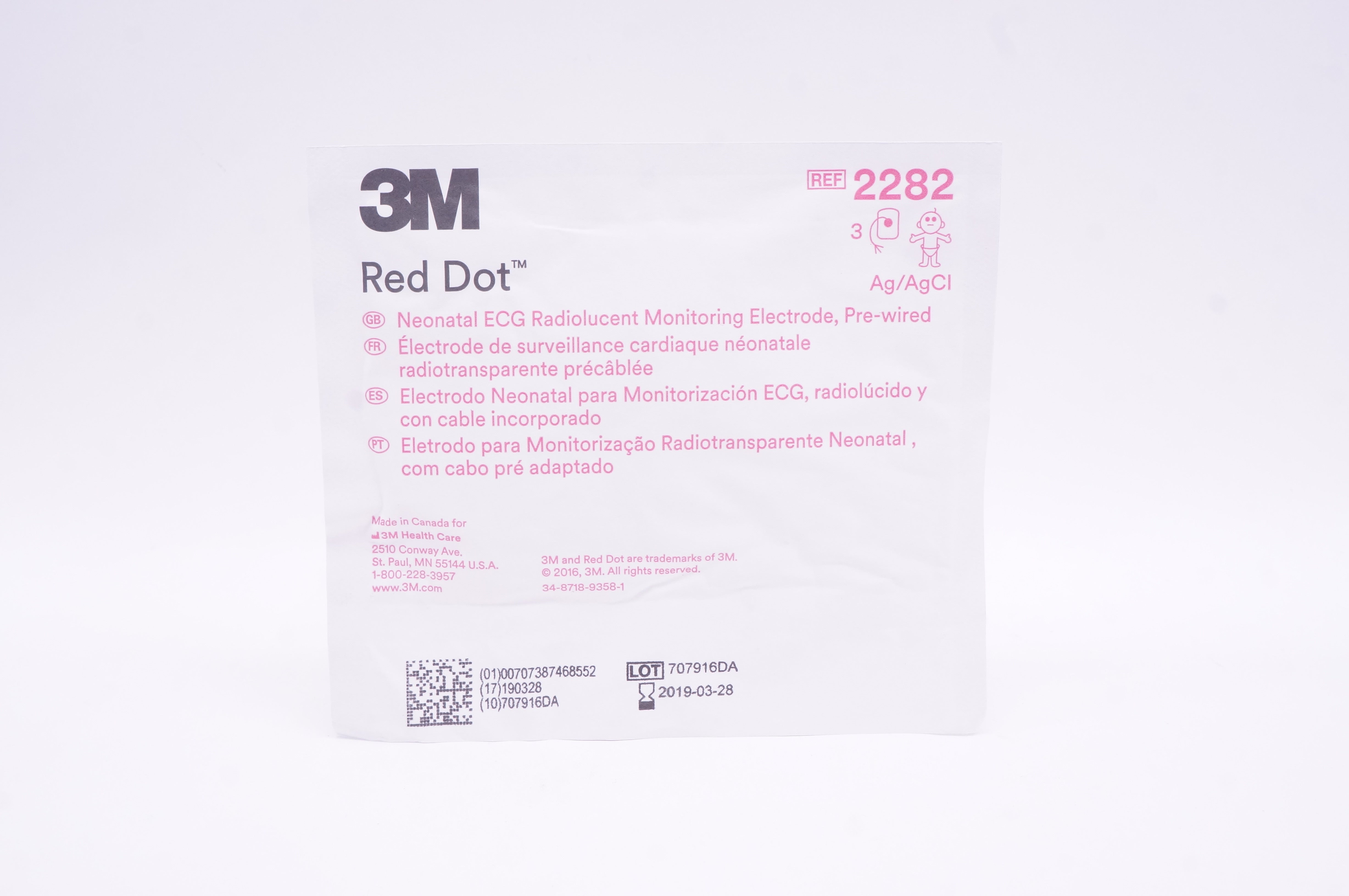 3M 2282 Red Dot Neonatal ECG Radiolucent Monitoring Electrode, Pre-Wired (x)