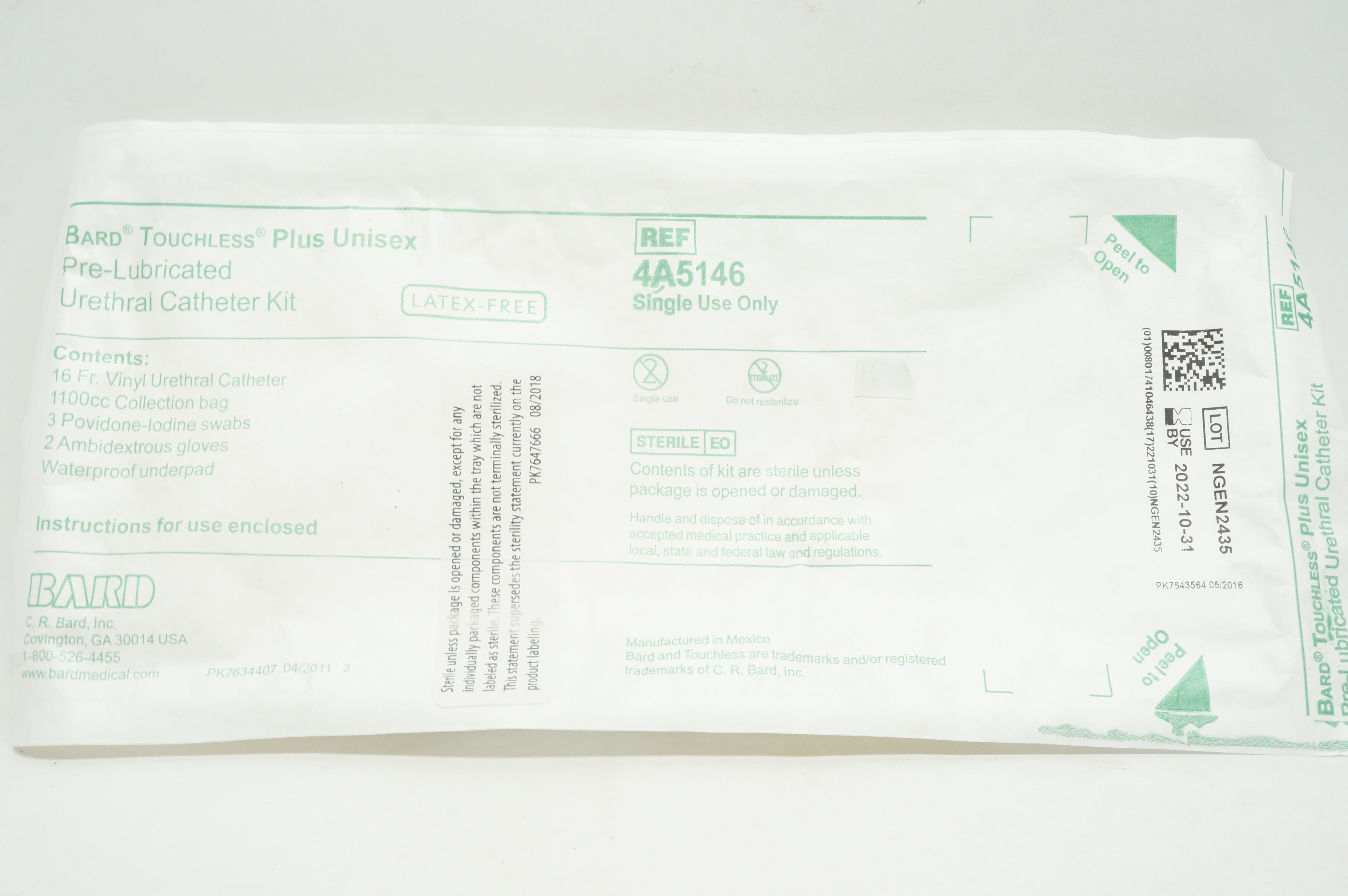 Bard 4A5146 Touchless Plus Unisex Pre-Lubricated 16Fr. Vinyl Urethral Cath. Kit