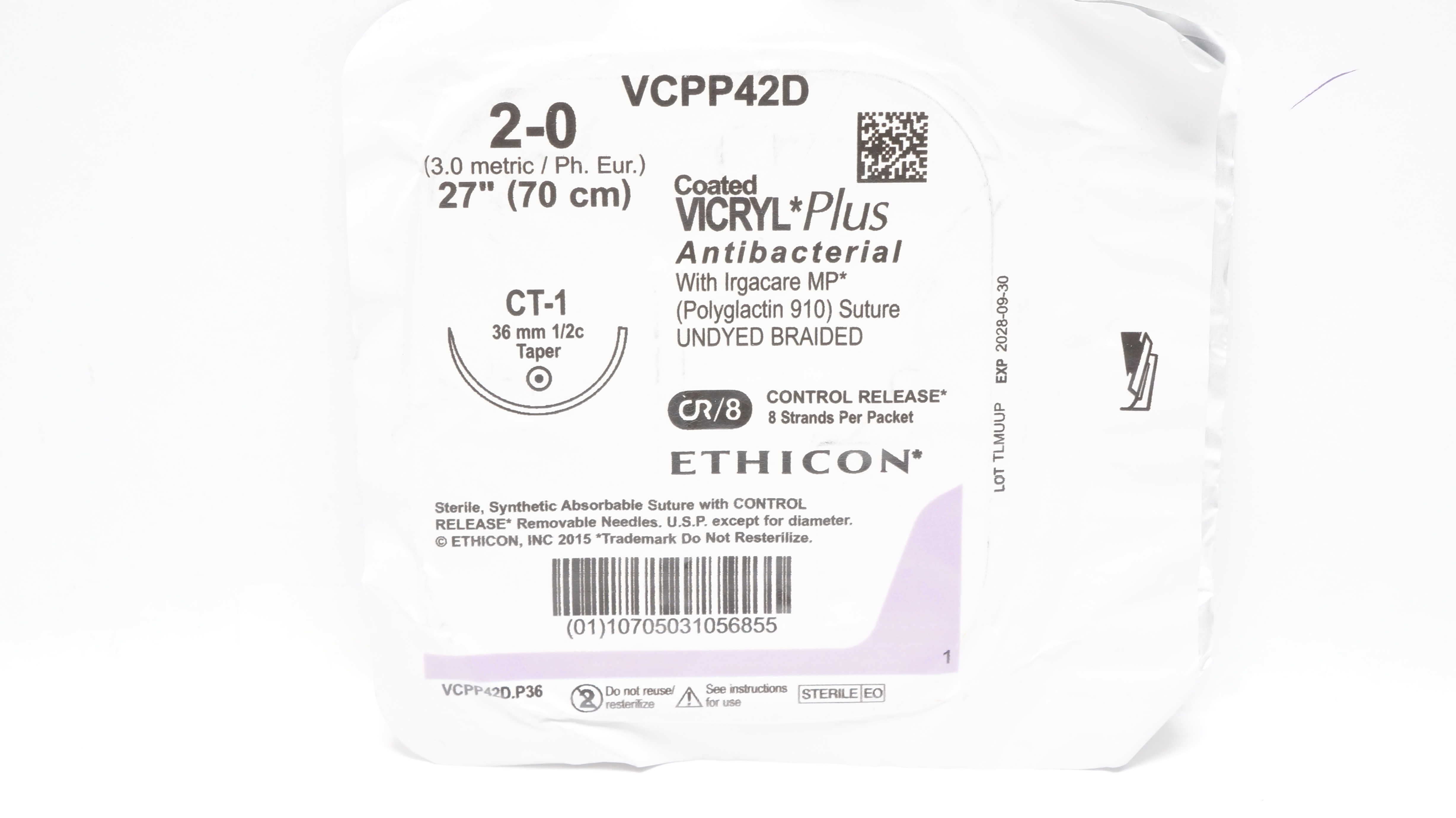 Ethicon VCPP42D 2-0 Vicryl Plus Polyglactin Stre CT-1 36mm 1/2c Taper 27inch