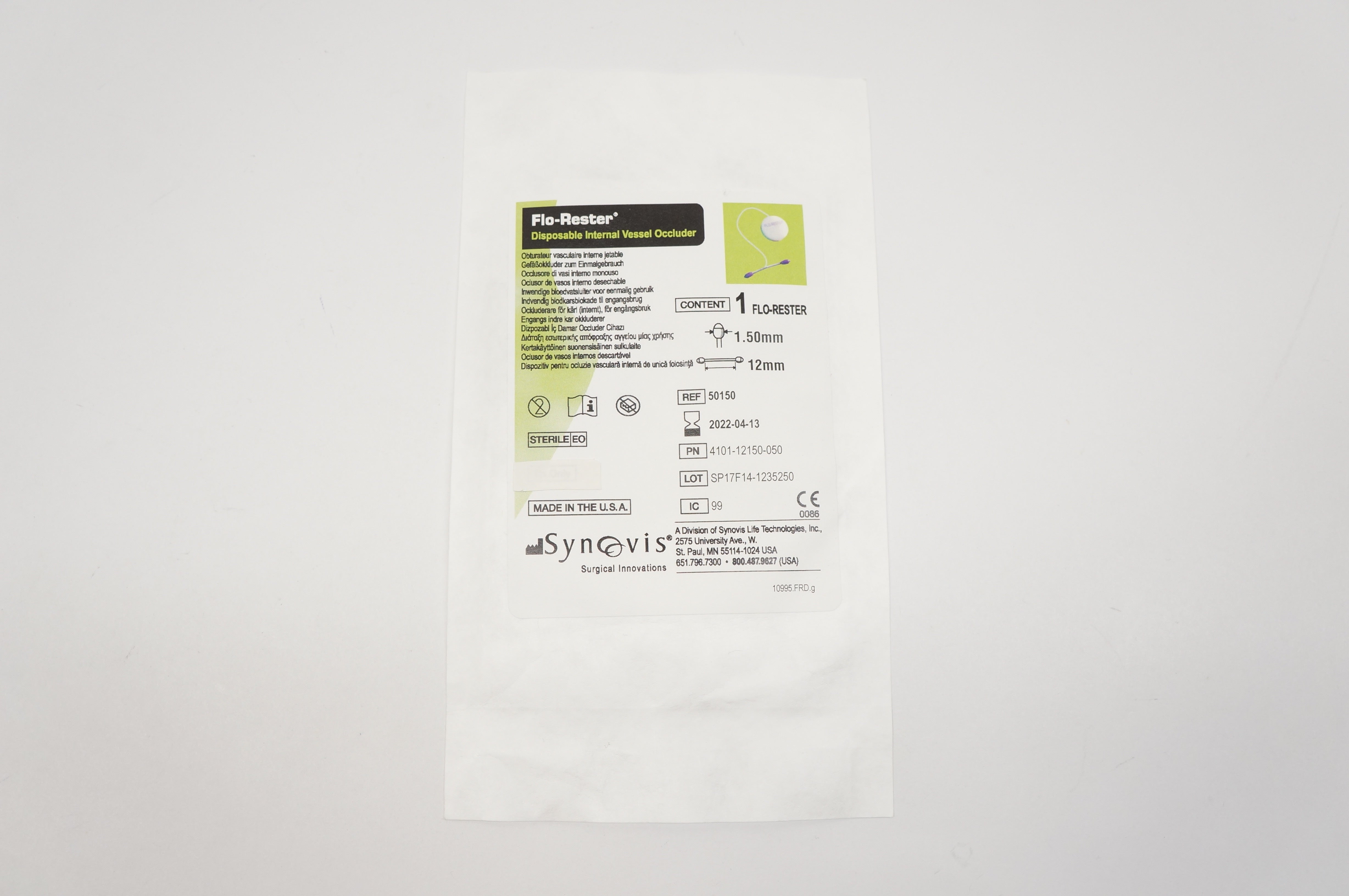 Synovis 50150 Flo-Rester Disposable Internal Vessel Occluder, 1.50mm x 12mm