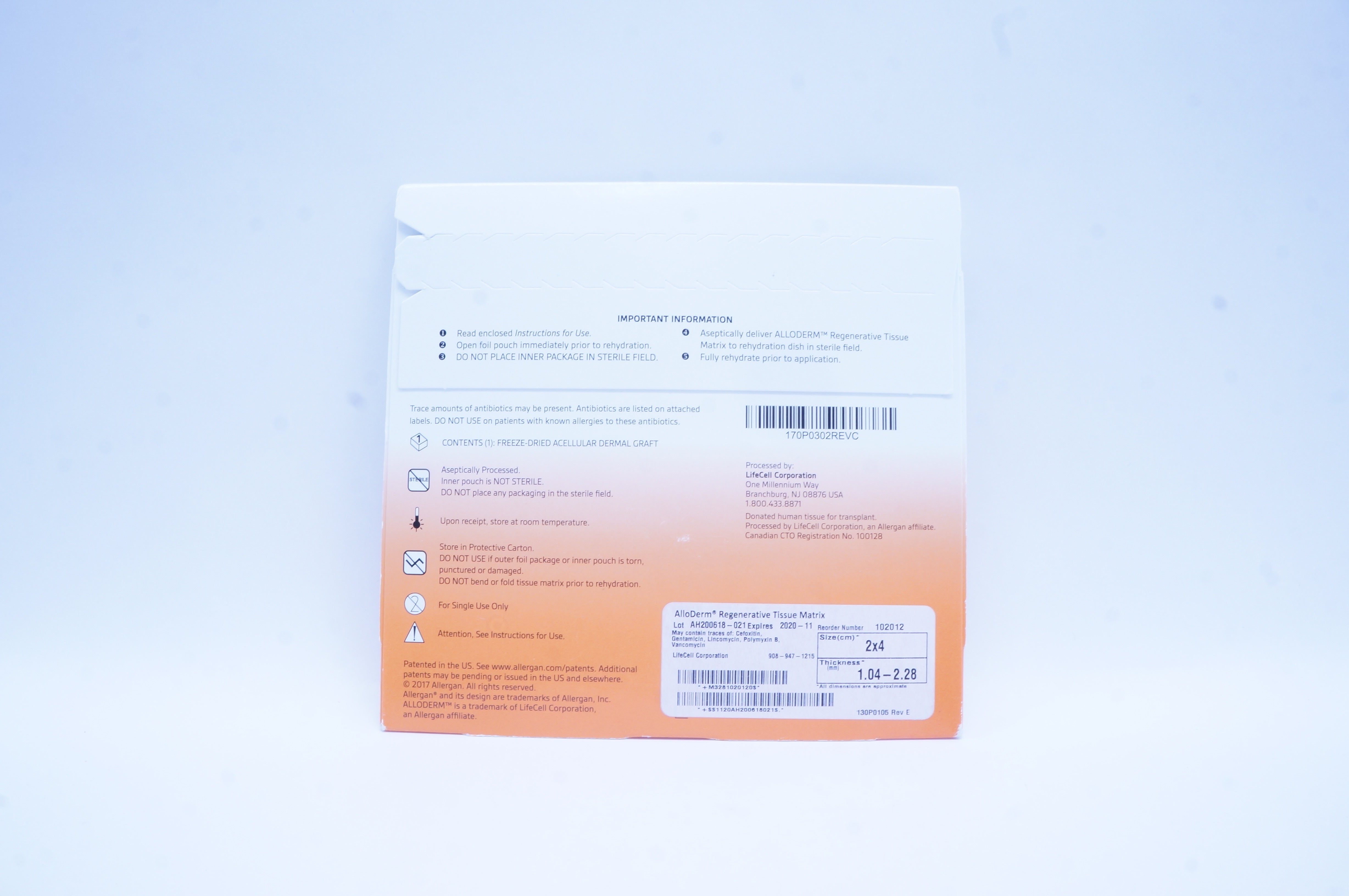 LifeCell 102012 Allergan AlloDerm Regenerative Tissue Matrix, Size 2x4 cm (x)