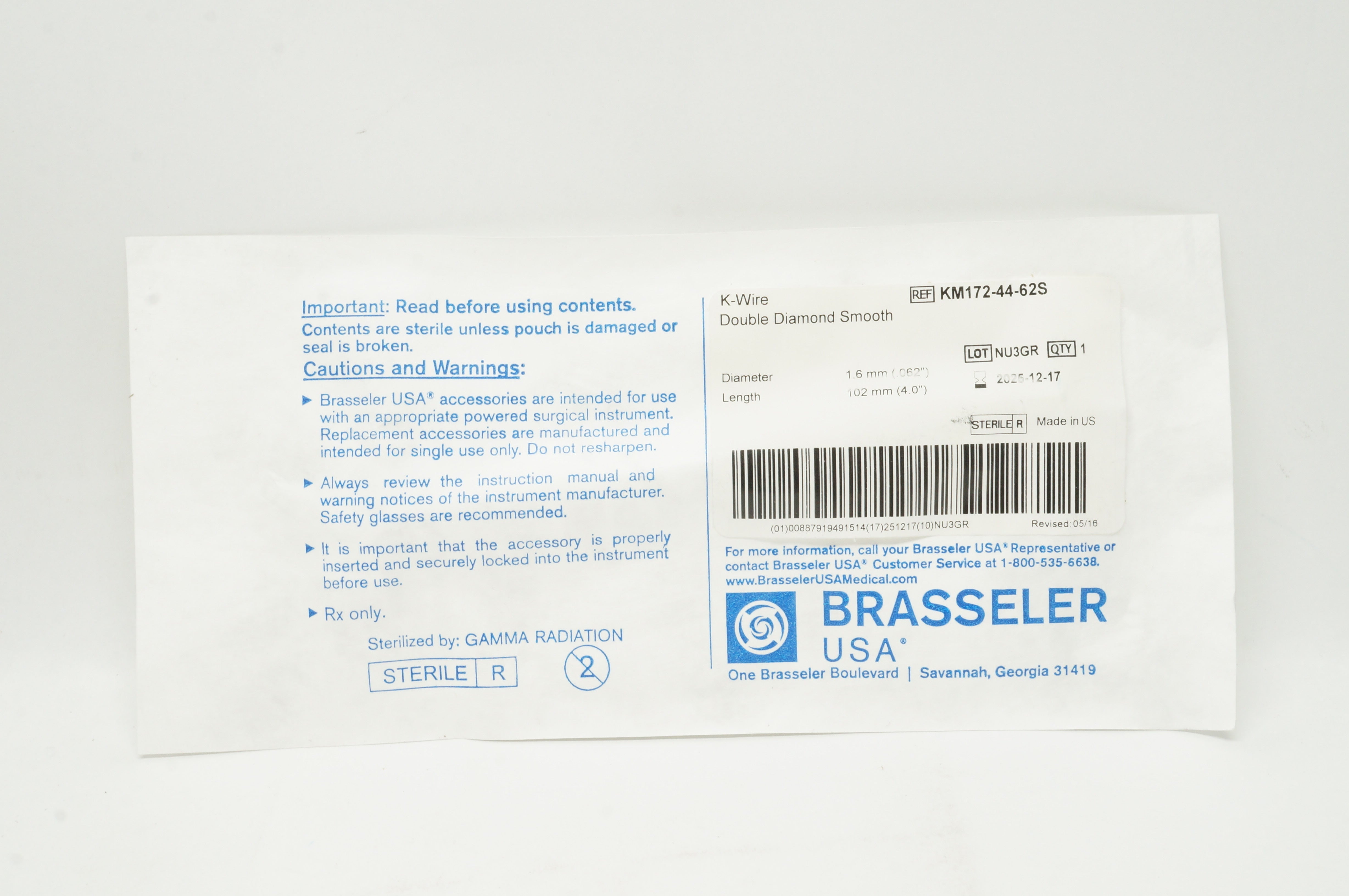 Brasseler KM172-44-62S K-Wire Double Diamond Smooth