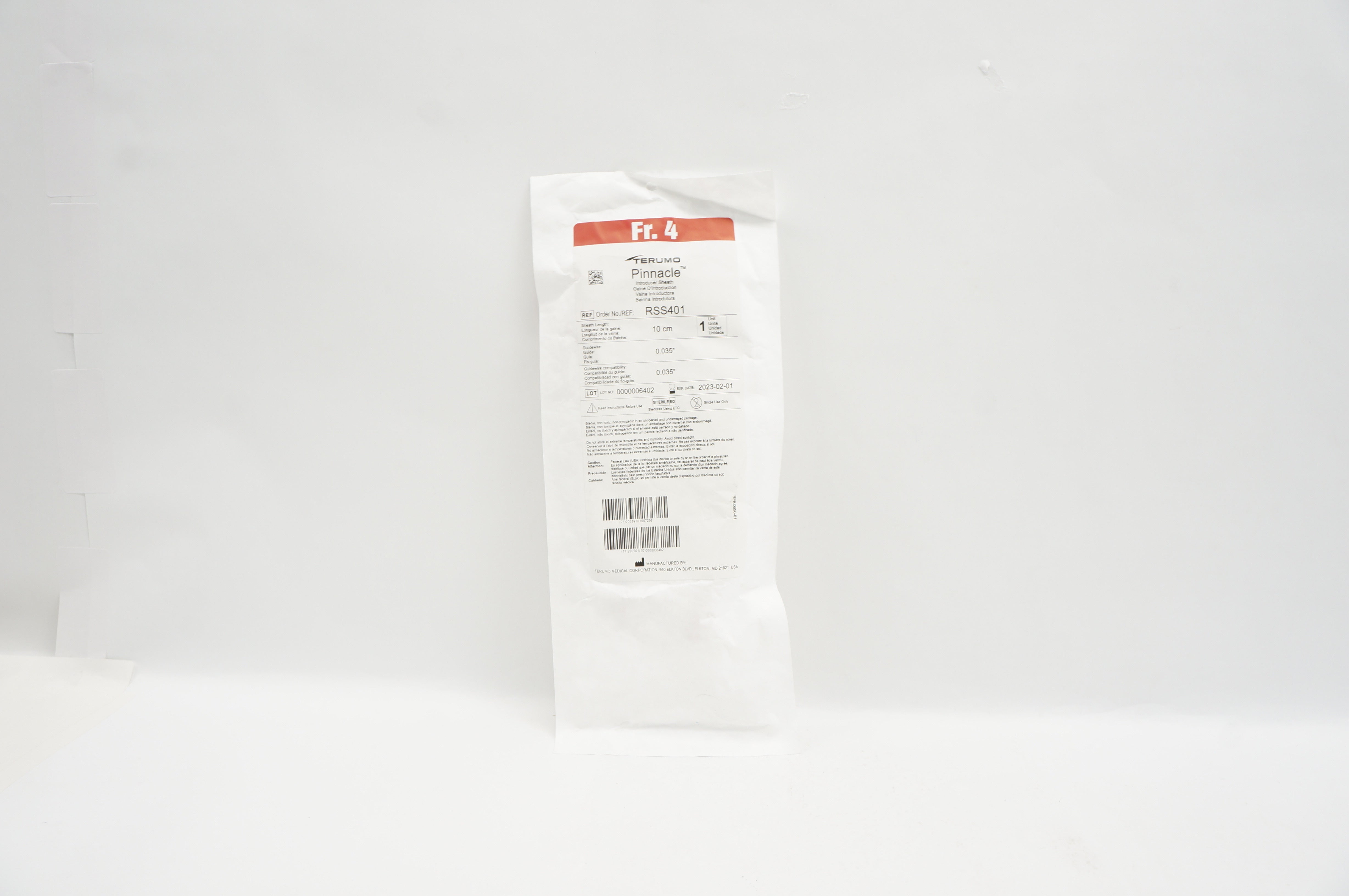 Terumo RSS401 Pinnacle Introducer Sheath 4Fr x 10cm x 0.035inch x 0.035inch