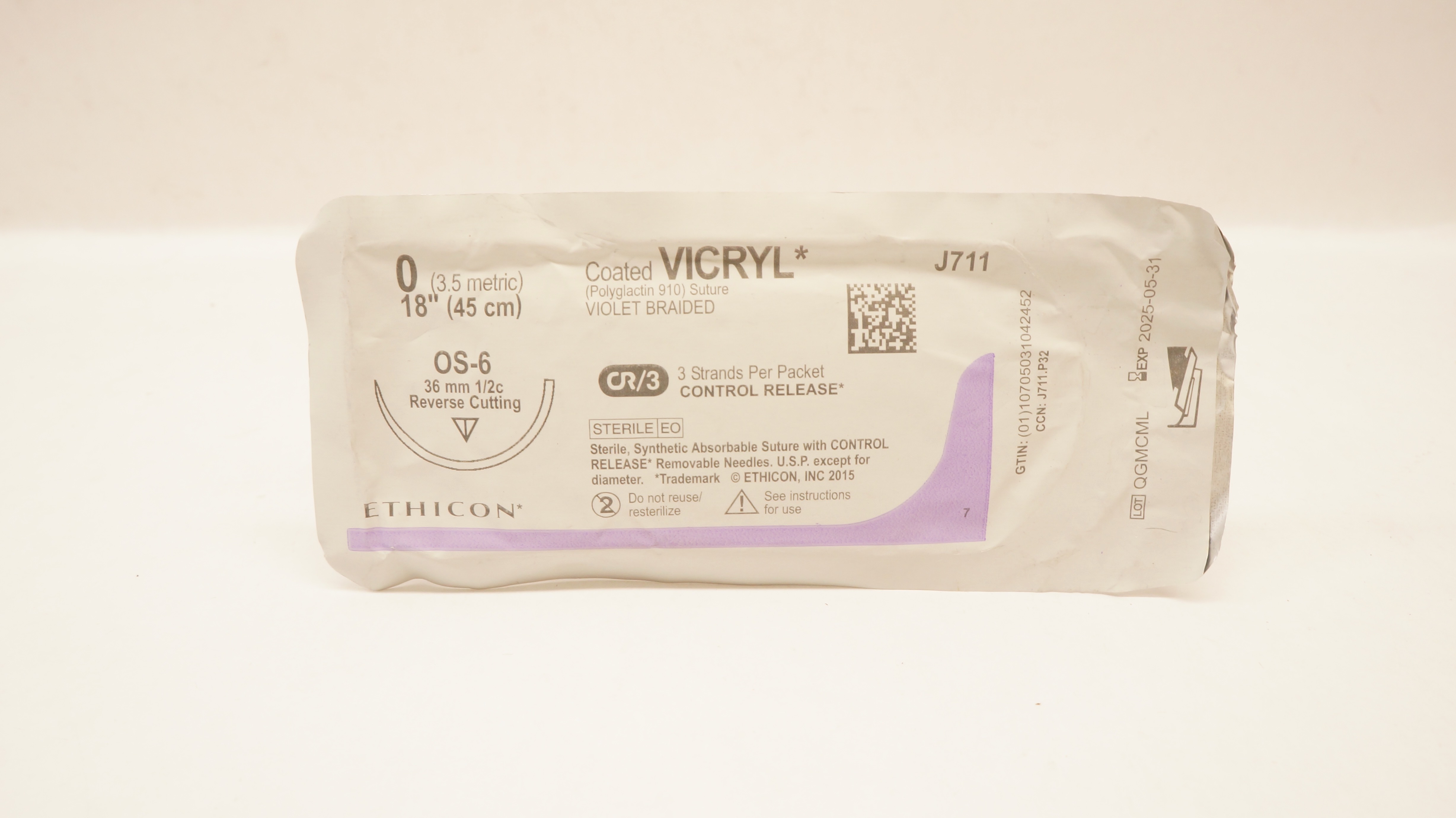 Ethicon J711 0 Coated VICRYL Stre OS-6 36mm 1/2c Reverse Cutting, 18inch