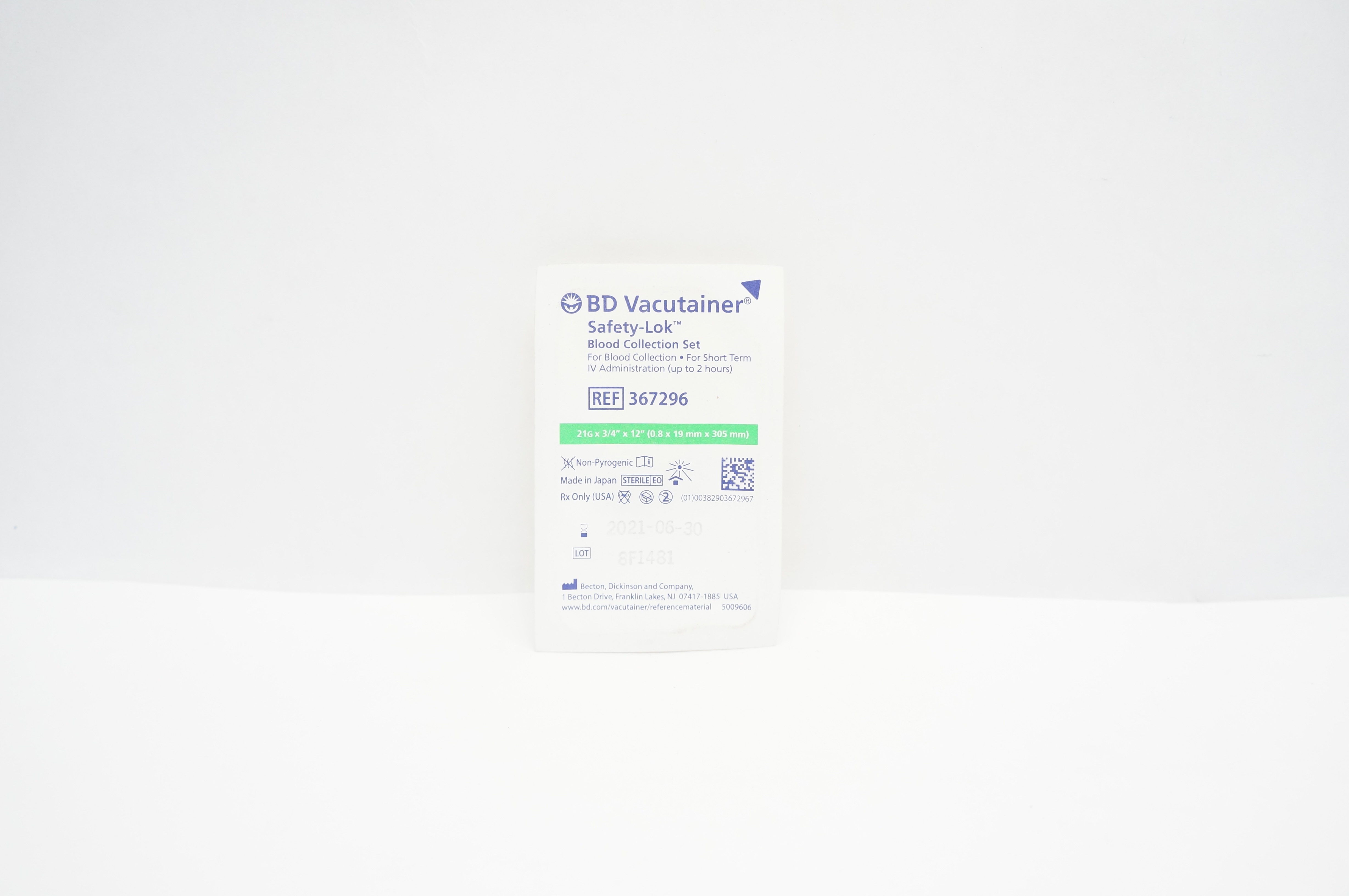 BD 367296 Vacutainer Safety-Lok Blood Collection Set 21G x 3/4inch x 12inch (x)