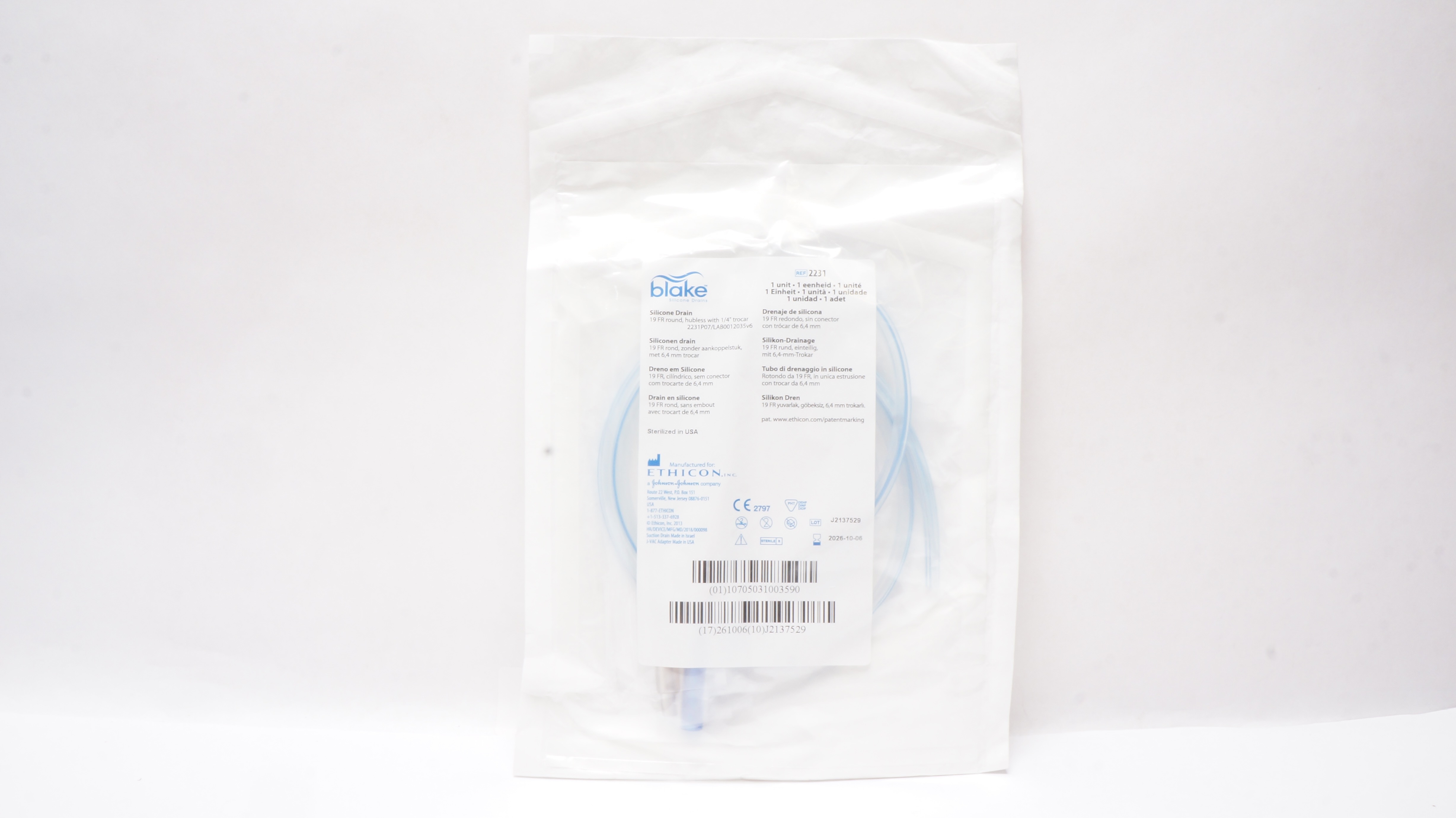 Ethicon 2231 Blake Silicone Drain Round Hubless w/1/4Trocar 19Fr