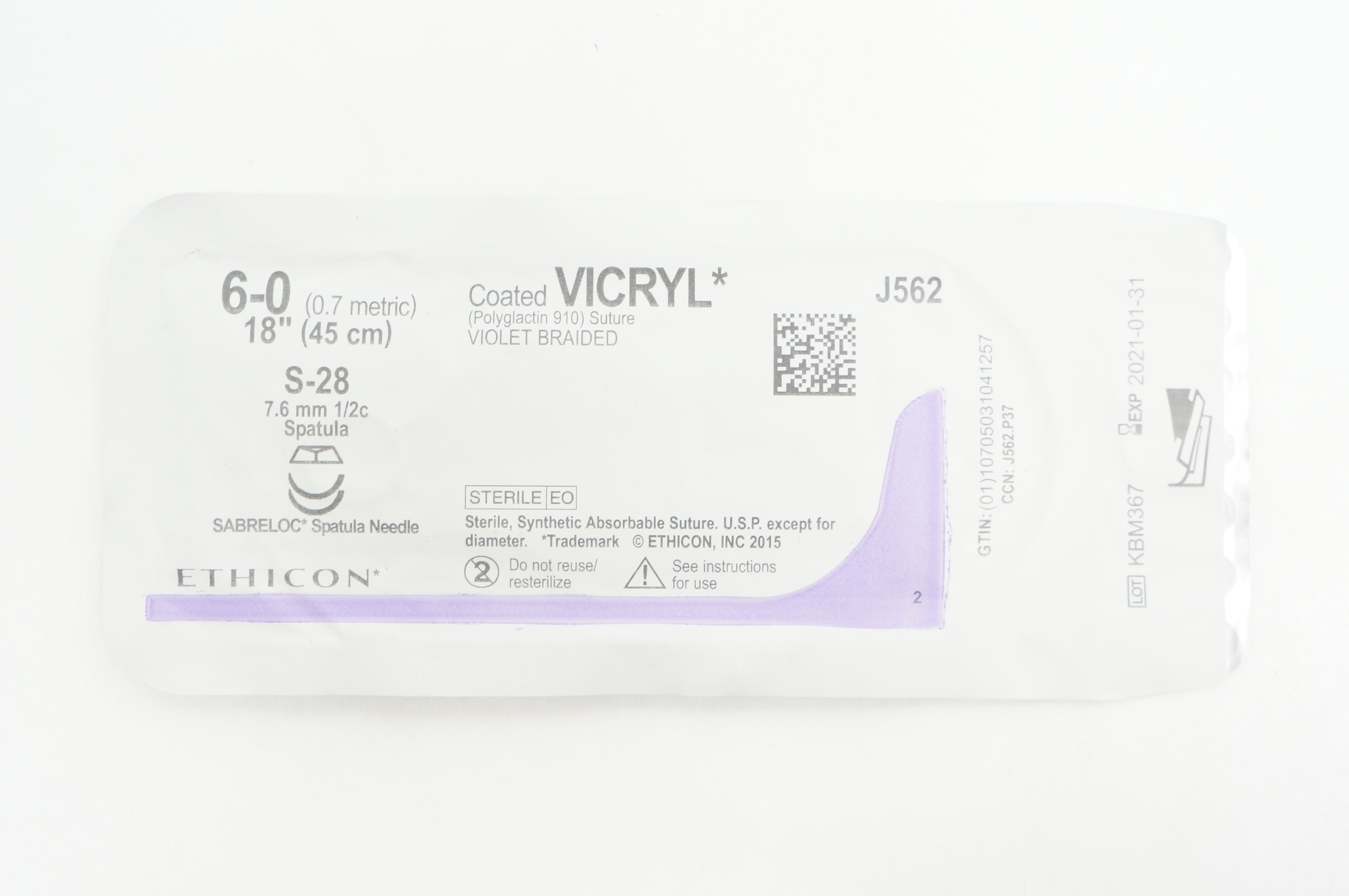 Ethicon J562 6-0 VICRYL S-28 7.6mm 1/2c Spatula, 18inch (x)