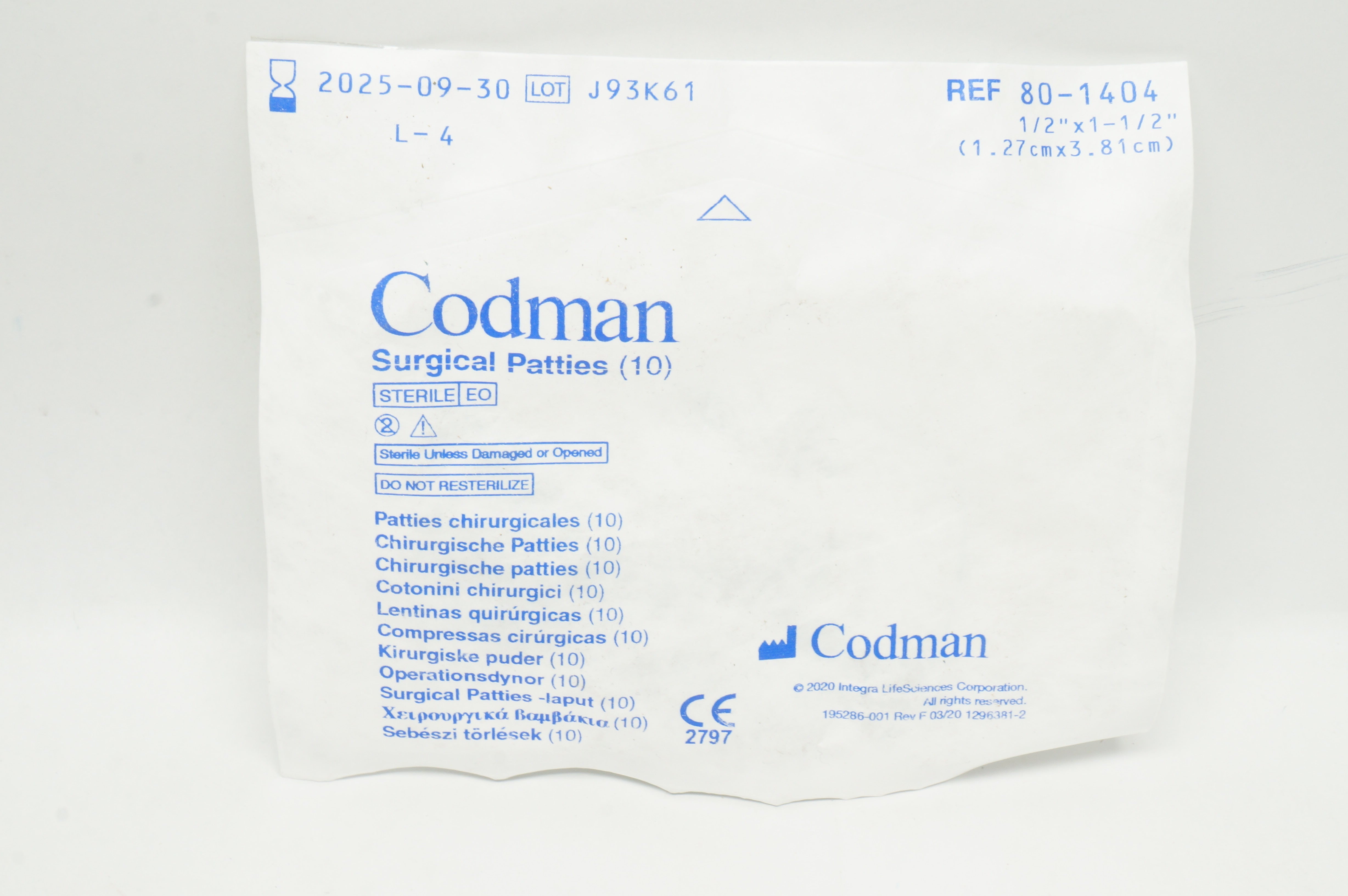 Codman 801404 Surgical Patties 1/2inch x 11/2inch Pack of 10