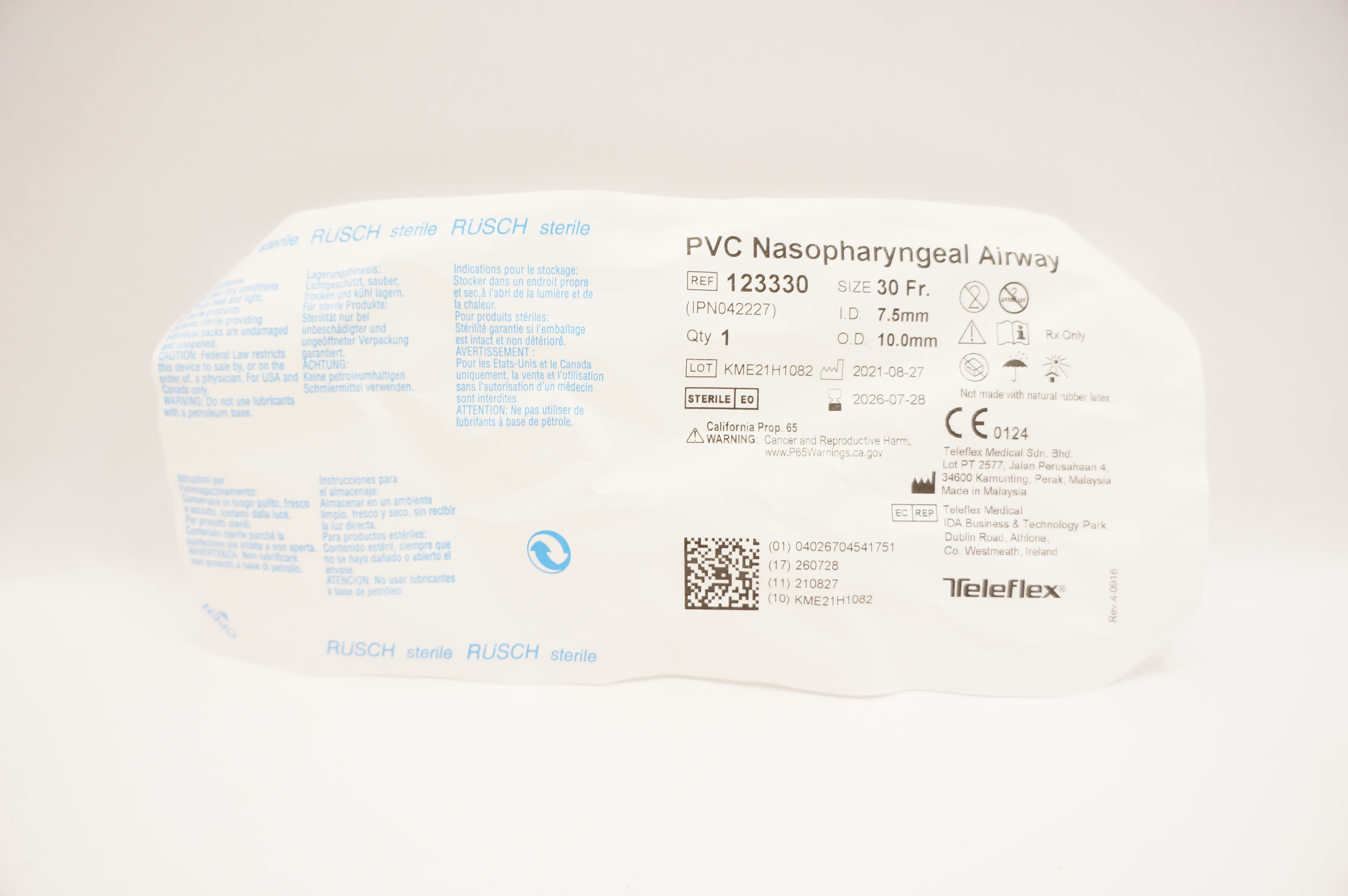 Teleflex 123330 Rusch PVC Nasopharyngeal Airway 30Fr x 7.5mm I.D. x 10.0 O.D. mm