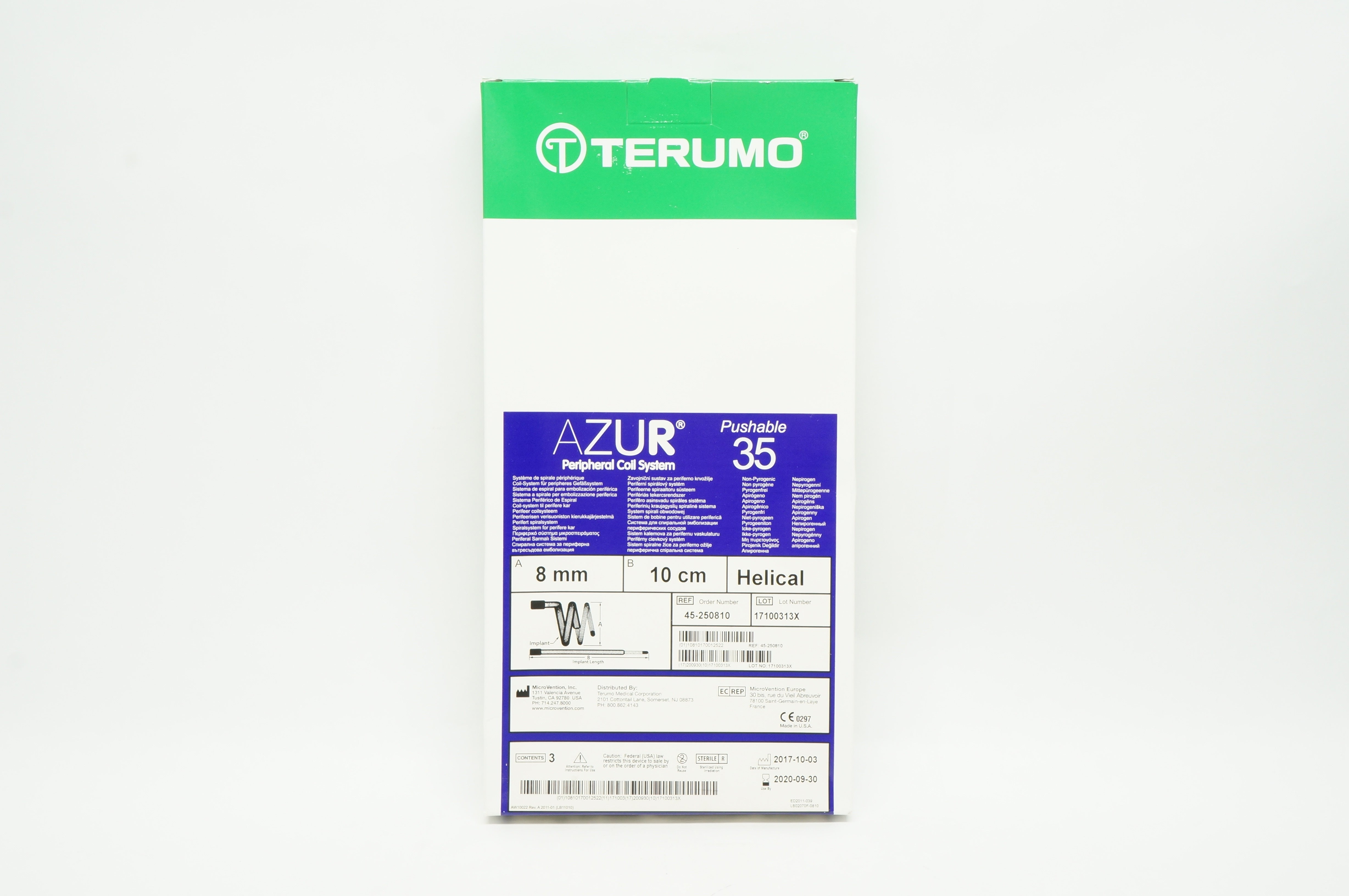 Azur Coils Box Terumo 45-250810 AZUR Peripheral Coil System 8mm x 10cm - Box of 3 (x)