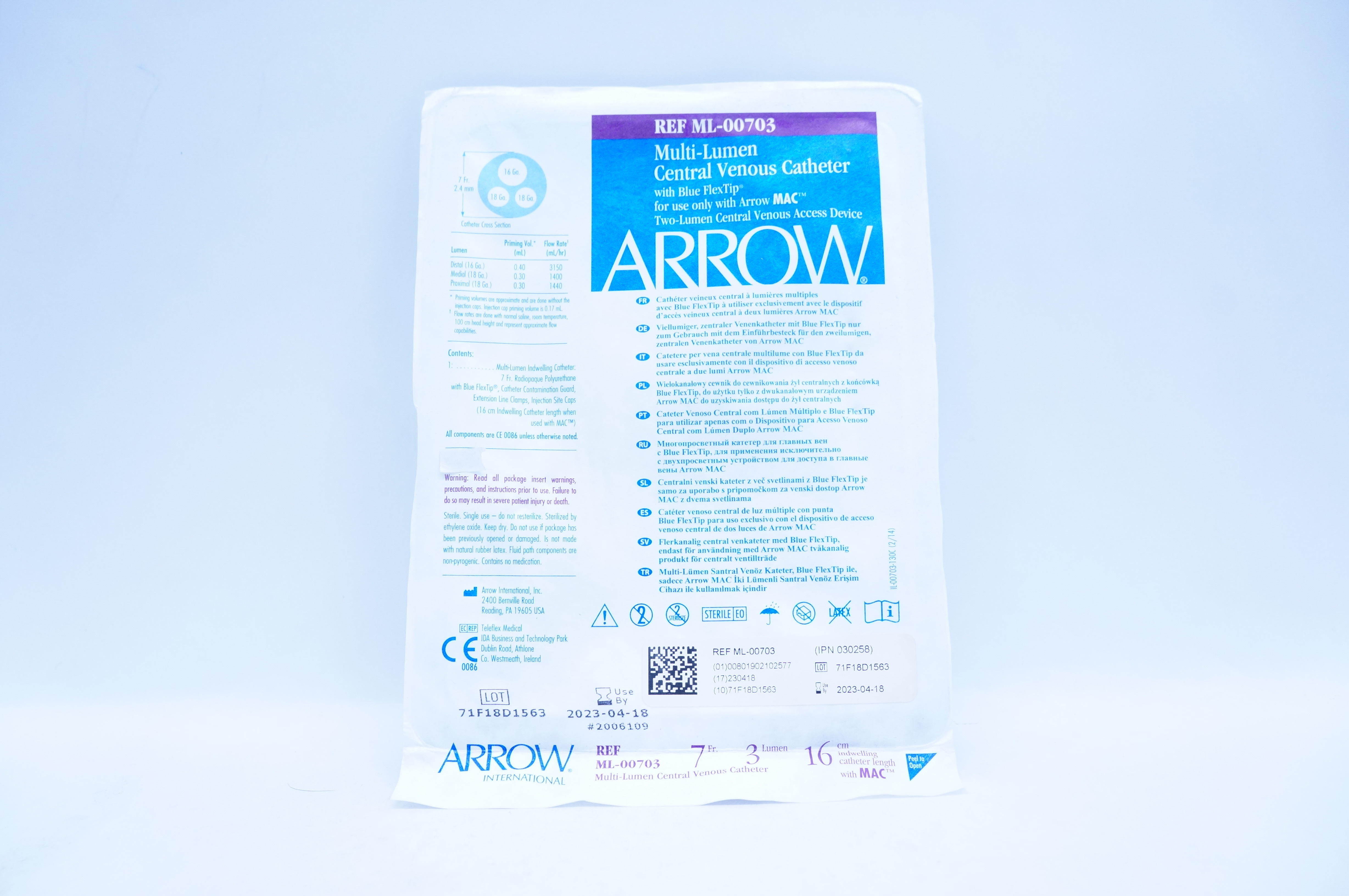 Arrow ML-00703 Multi-Lumen Central Venous Cath. 7Fr. x 16cm