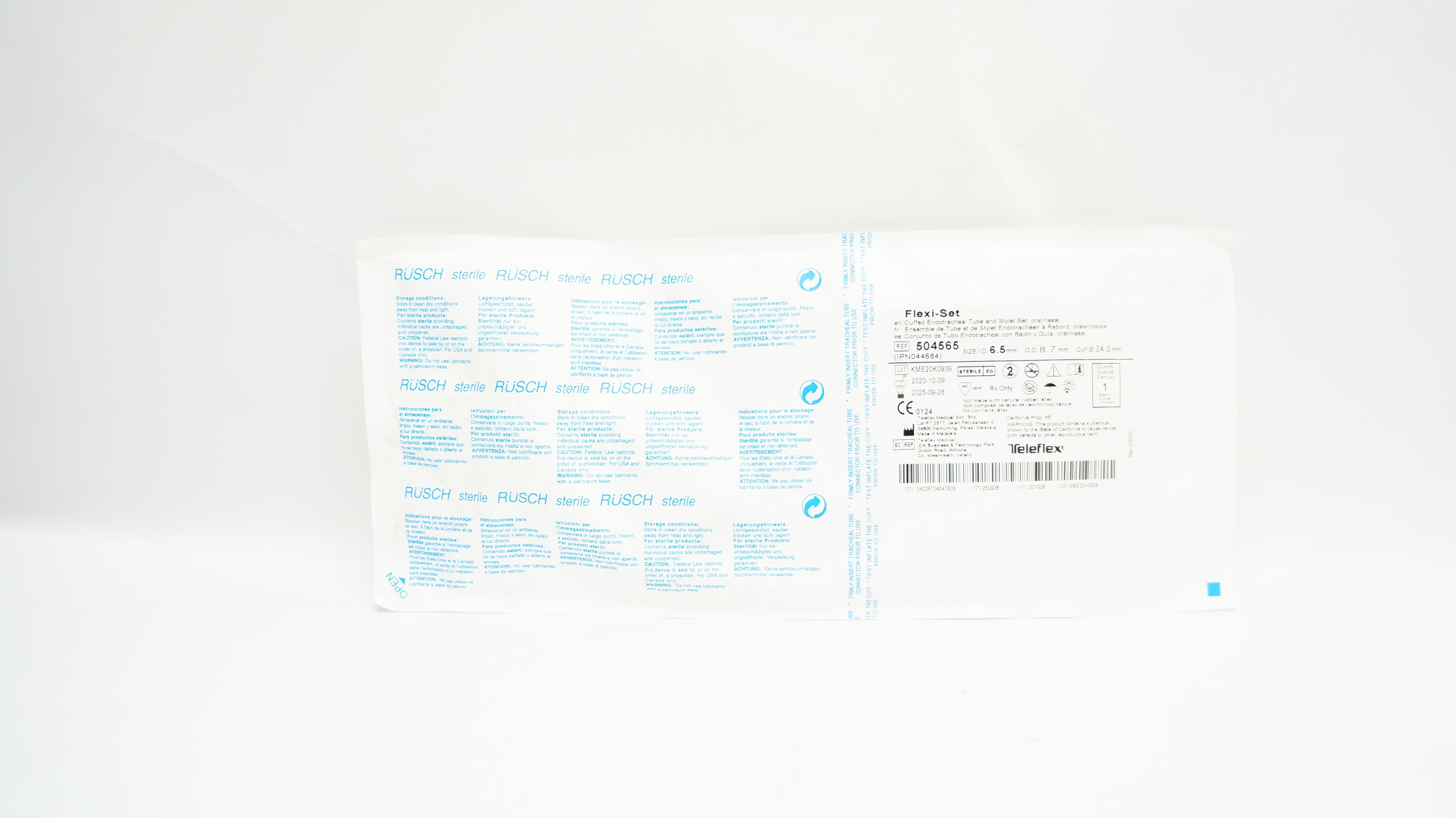 Teleflex 504565 Cuffed Endotracheal Tube Stylet Set 6.5mm ID x 8.7mm OD ...