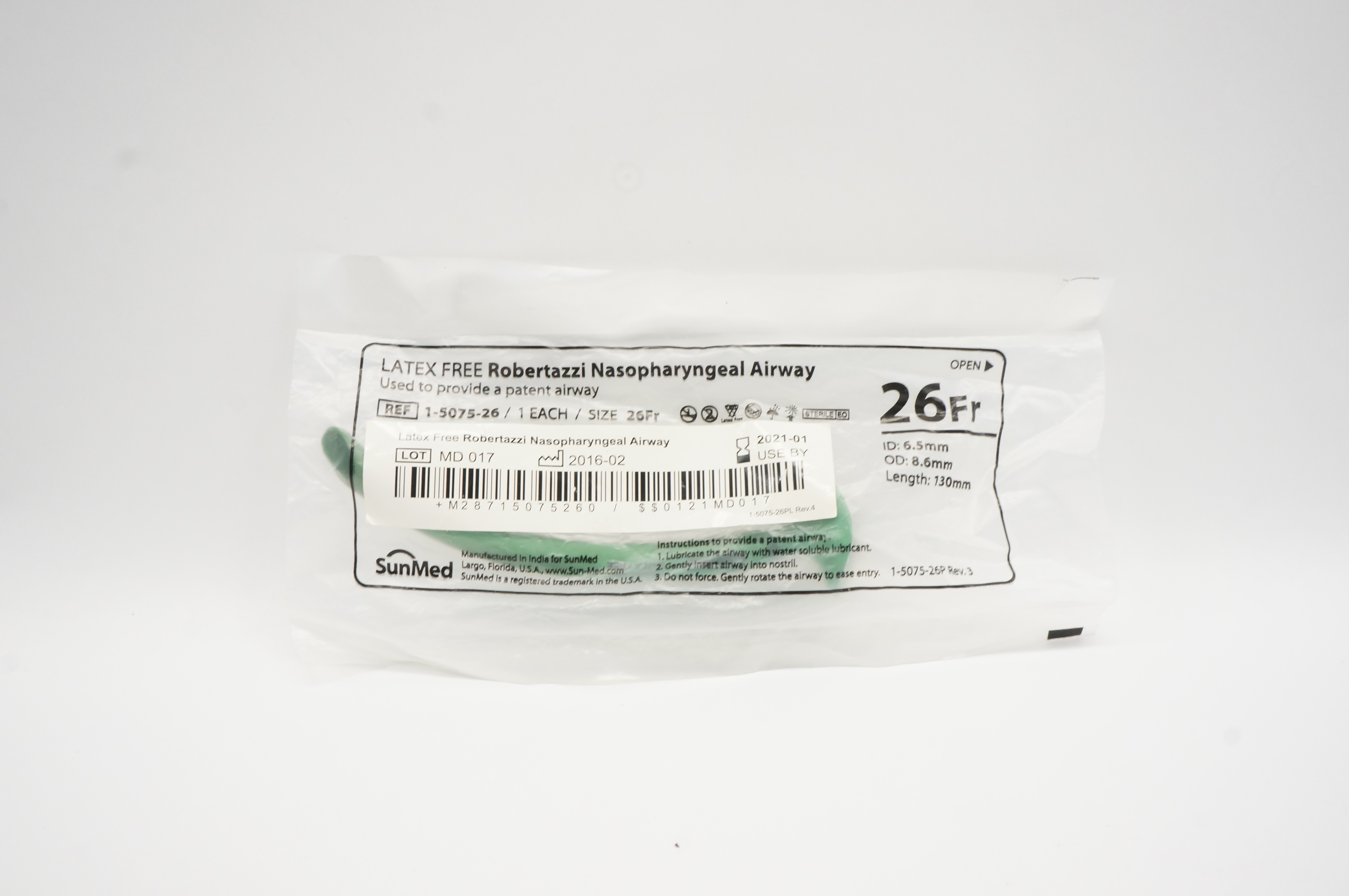 SunMed 1-5075-26 Robertazzi Nasopharyngeal Airway 26Fr 6.5ID x 8.6OD x 130mm (x)