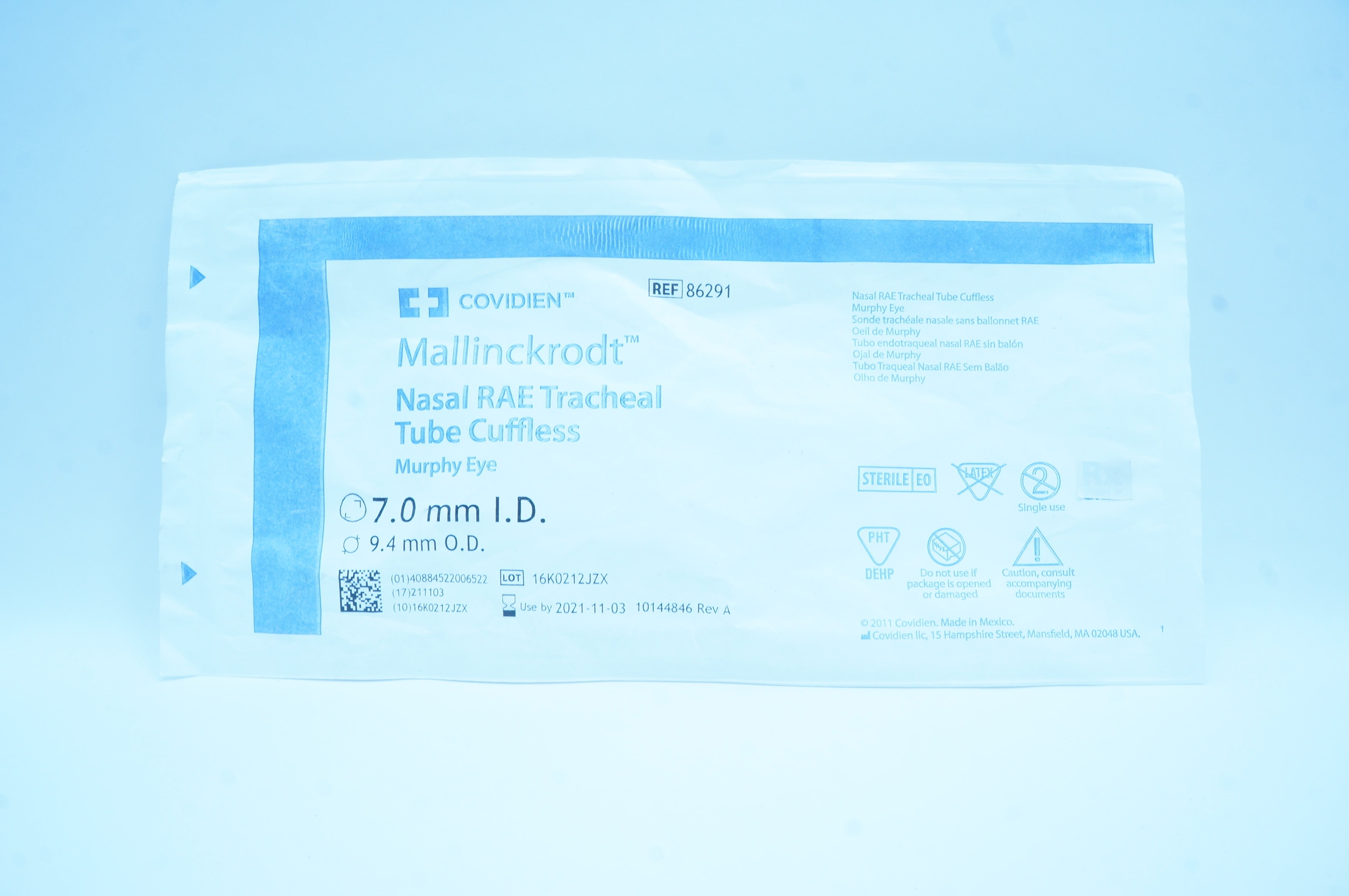 Covidien 86291 Mallinckrodt Nasal RAE Tracheal Tube Cuffless 7.0 x 9.4mm