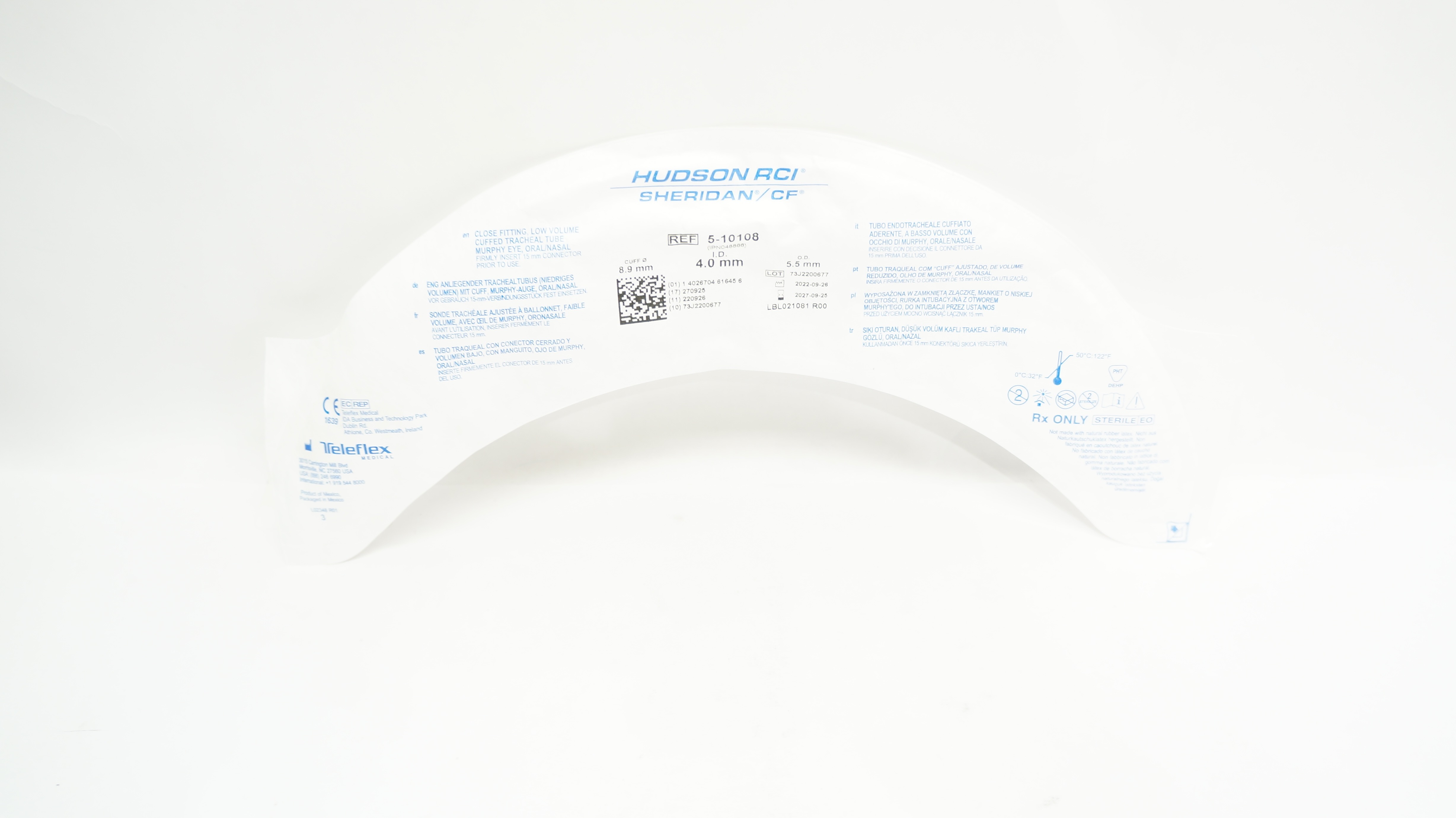 Teleflex 5-10108 Hudson RCI Sheridan CF Tracheal Tube 8.9mm x 4.0mmID x 5.5mm OD