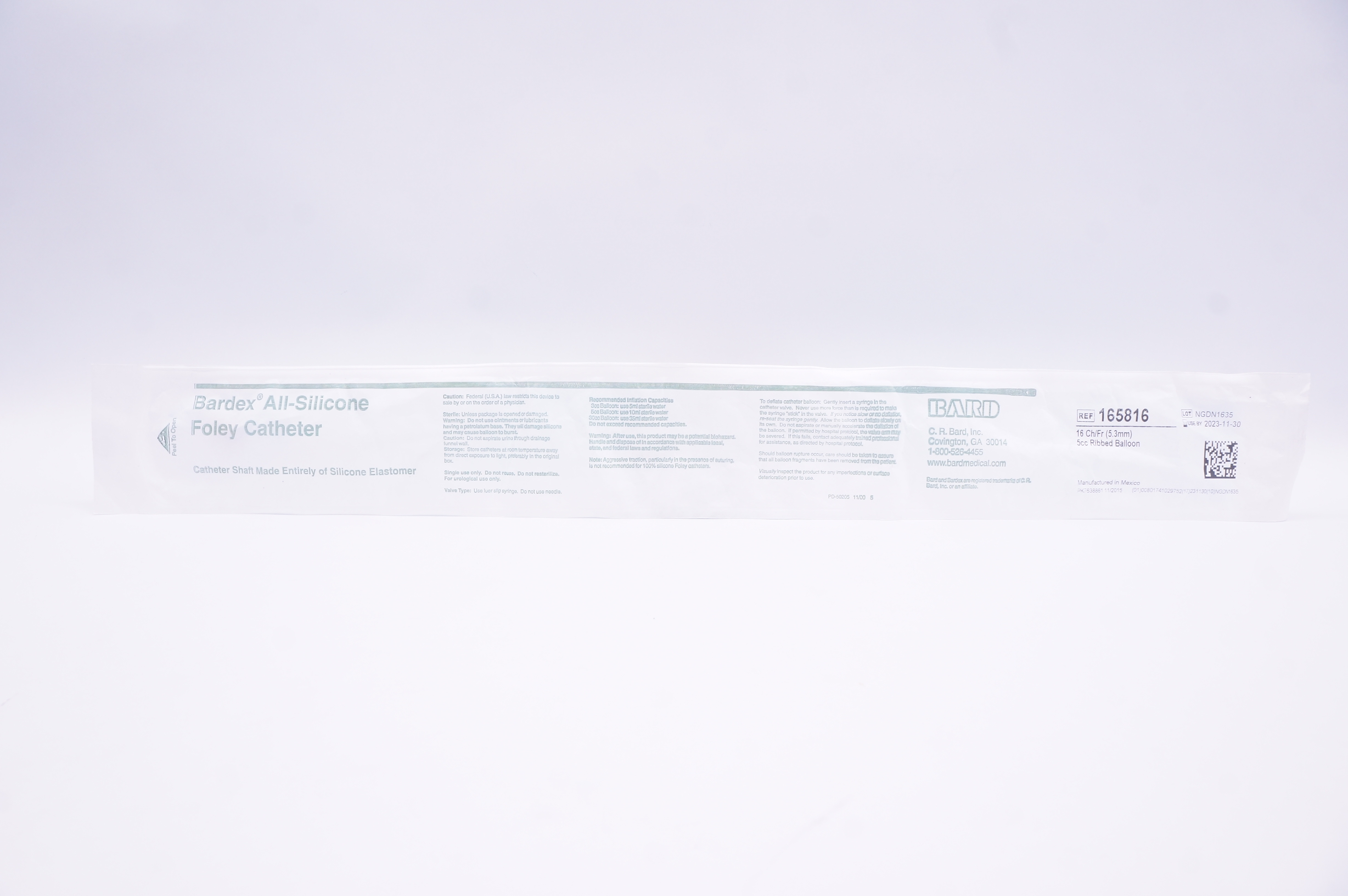 Bard 165816 Bardex All-Silicone Foley Cath. 16Fr 5cc Ribbed Balloon