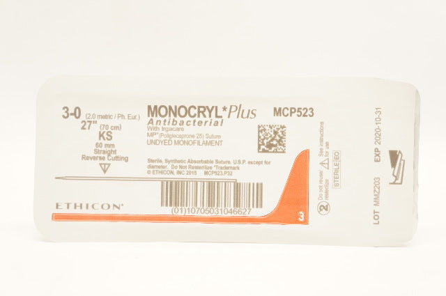 Ethicon MCP523 3-0 MONOCRYL Plus Stre KS 60mm Straight Reverse Cutting 27in. (x)