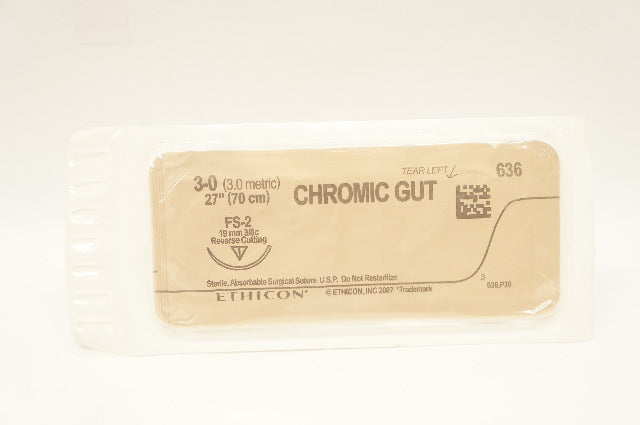 Ethicon 636 3-0 CHROMIC GUT Stre FS-2 19mm 3/8c Reverse Cutting 27inch(x)