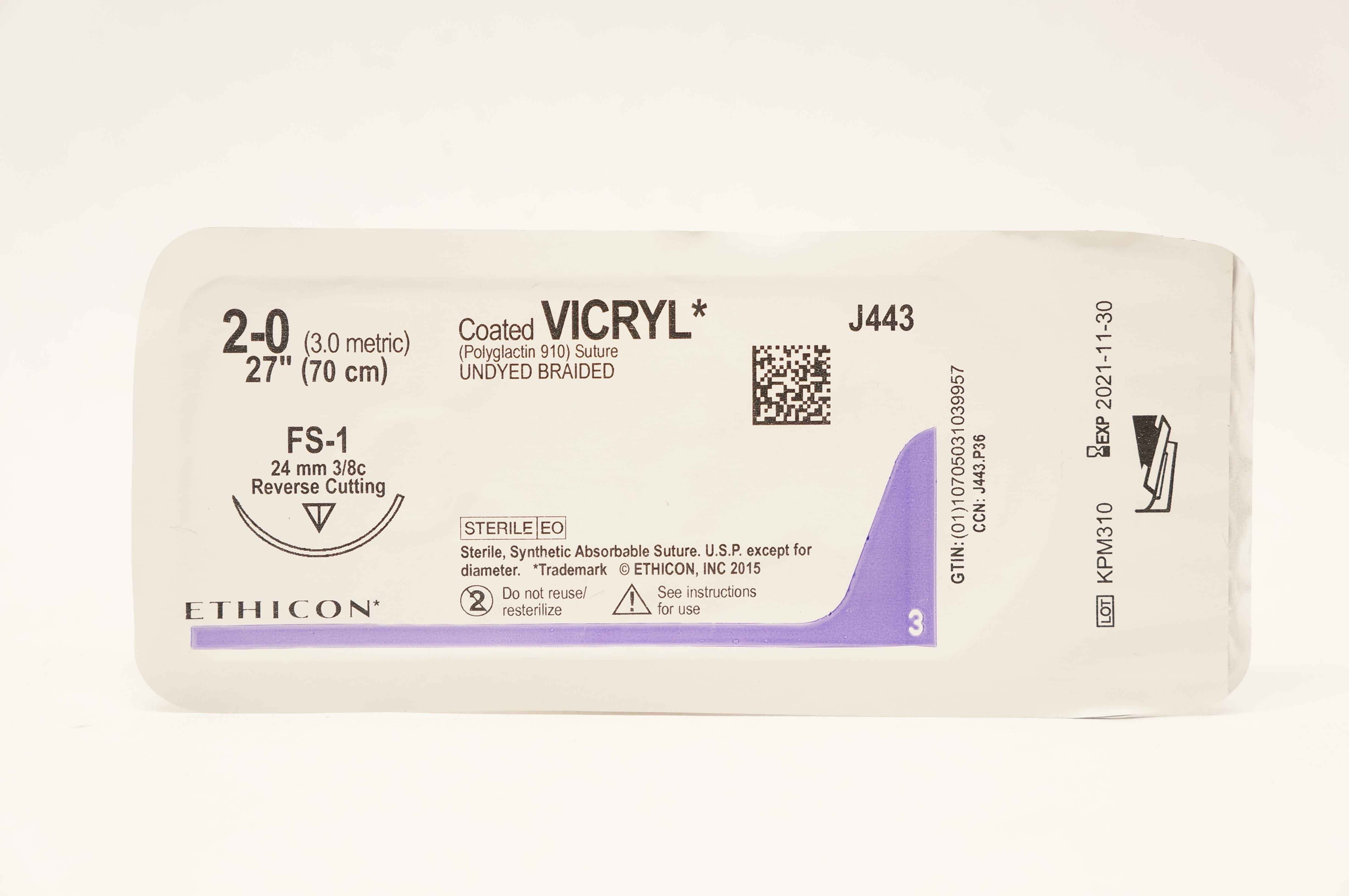 Ethicon J443 2-0 Coated VICRYL Stre FS-1 24mm 3/8c Reverse Cutting 27 inch (x)