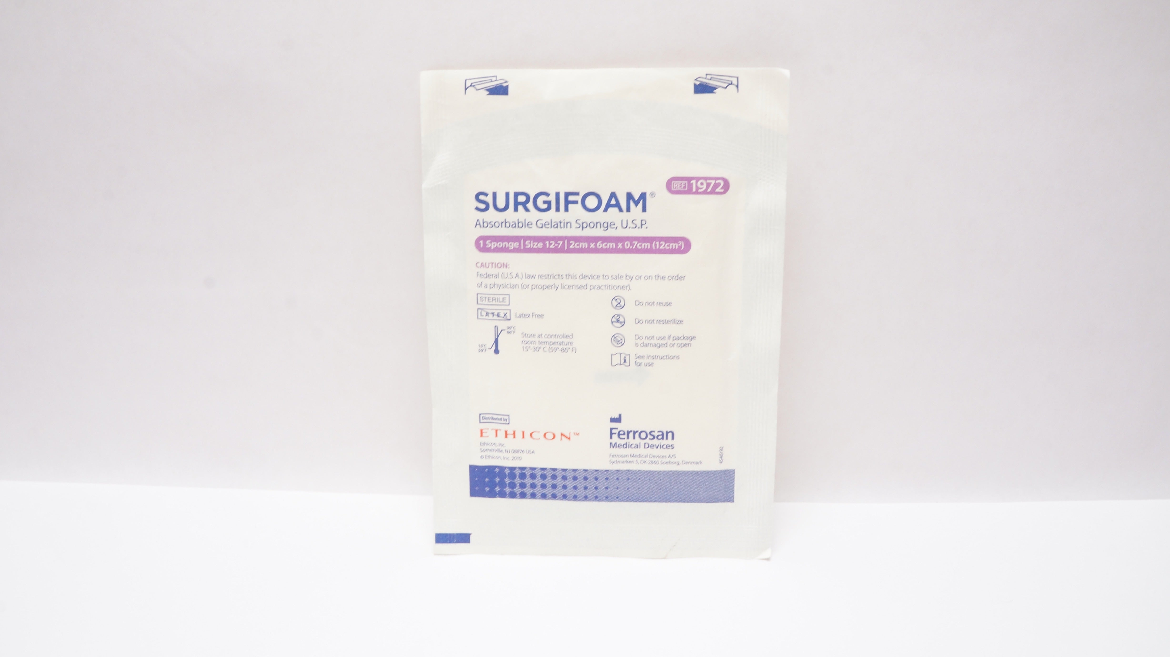 Ethicon 1972 SURGIFOAM Absorbable Gelatin Sponge U.S.P. Size 12-7, 2 x 6 x 0.7cm