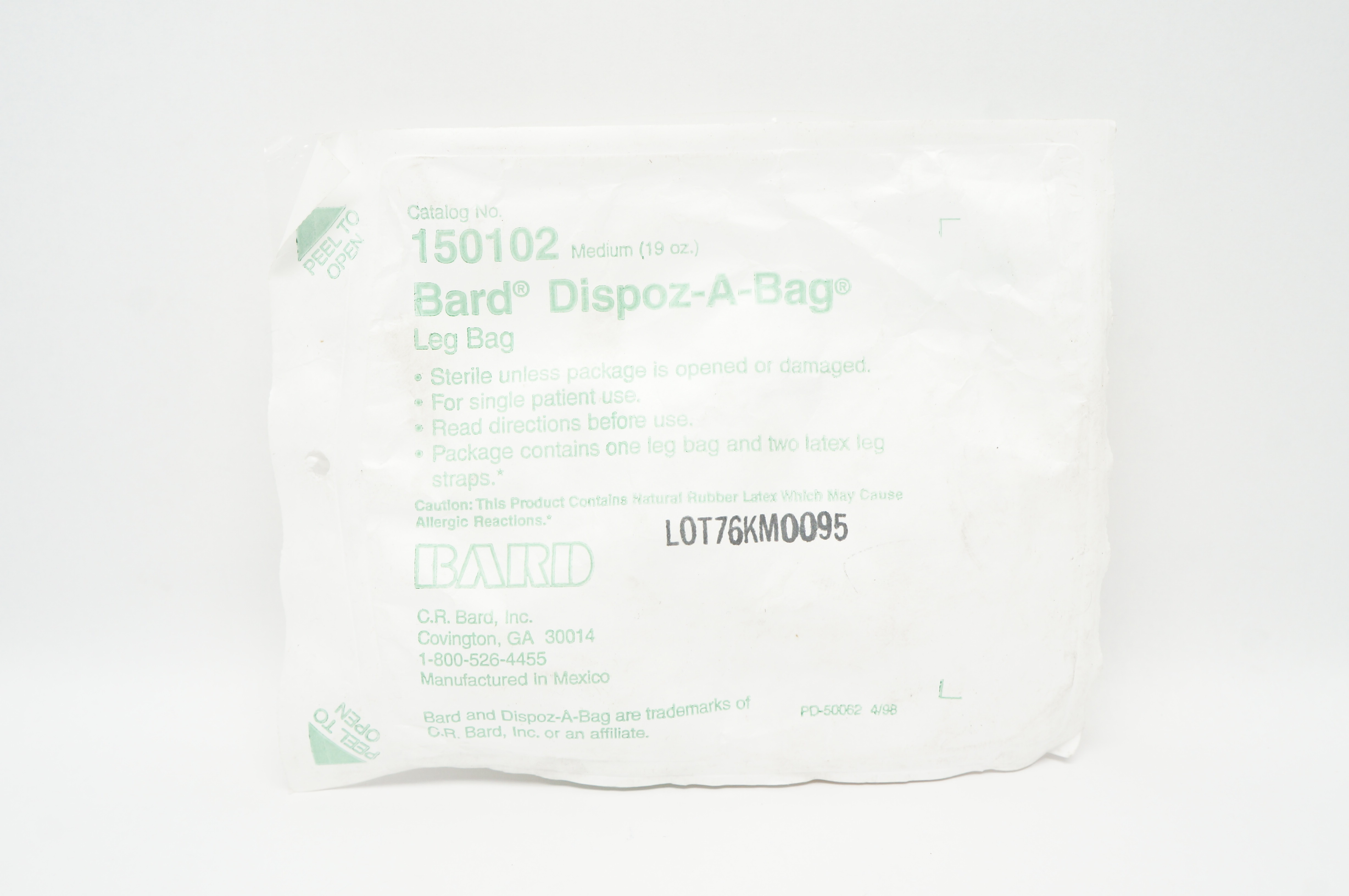 Bard 150102 Dispoz-A-Bag Medium Leg Bag and Two Latex Leg Straps