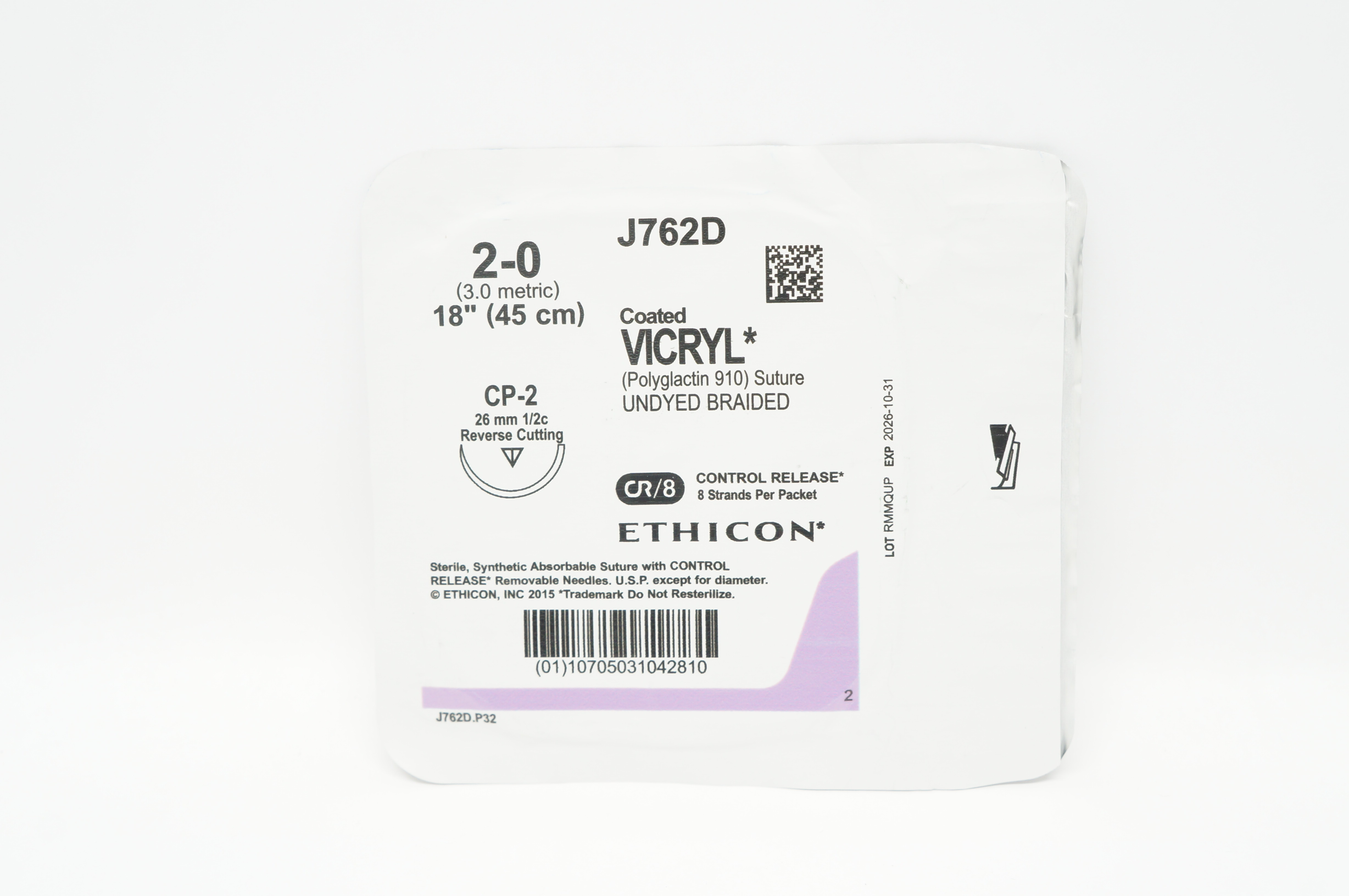 Ethicon J762D 2-0 Coated VICRYL Stre CP-2 26mm 1/2c Reverse Cutting 18inch