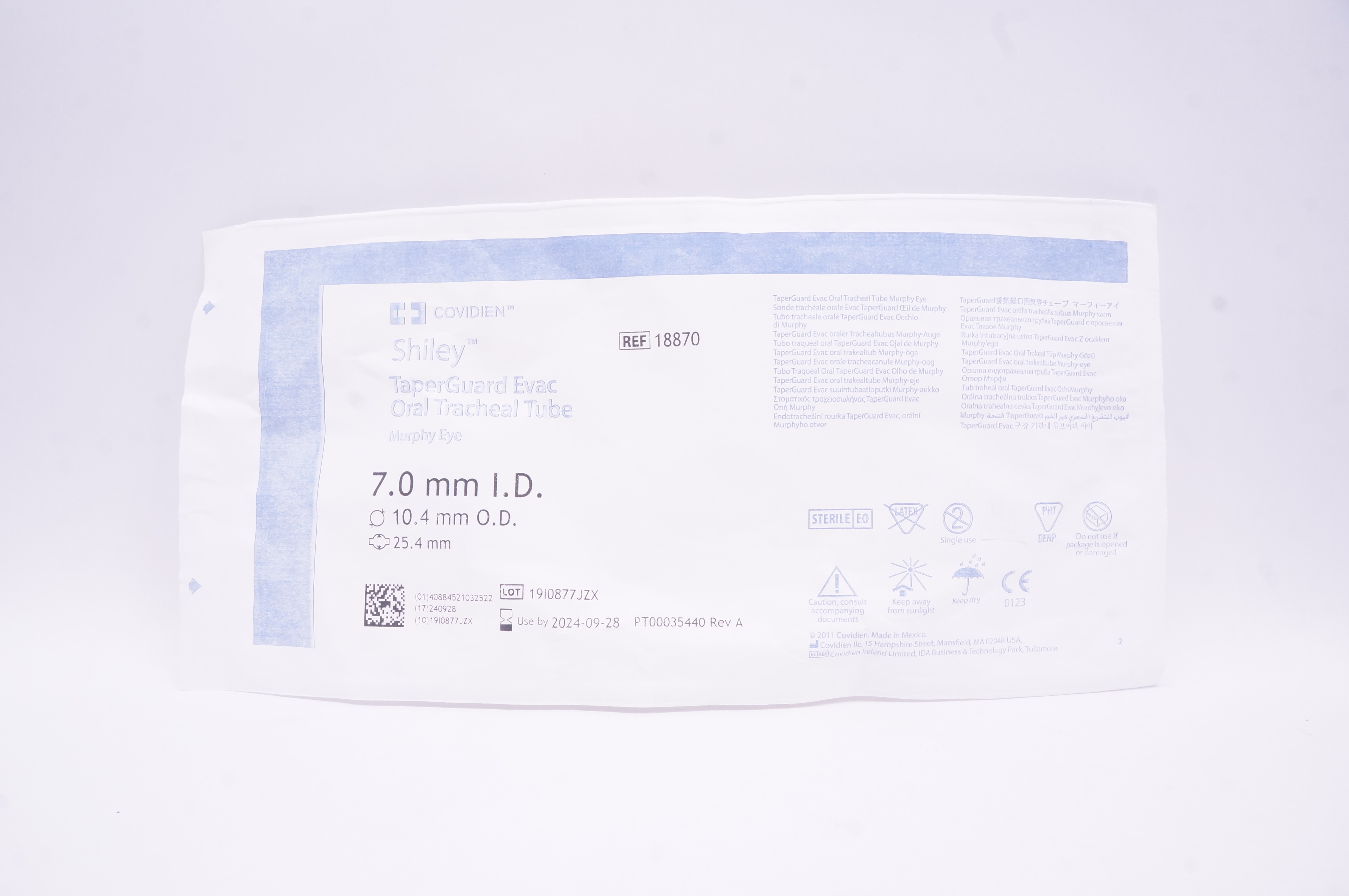 Covidien 18870 Shiley TaperGuard Evac Oral Tracheal Tube 7.0 x 10.4 x 25.4mm