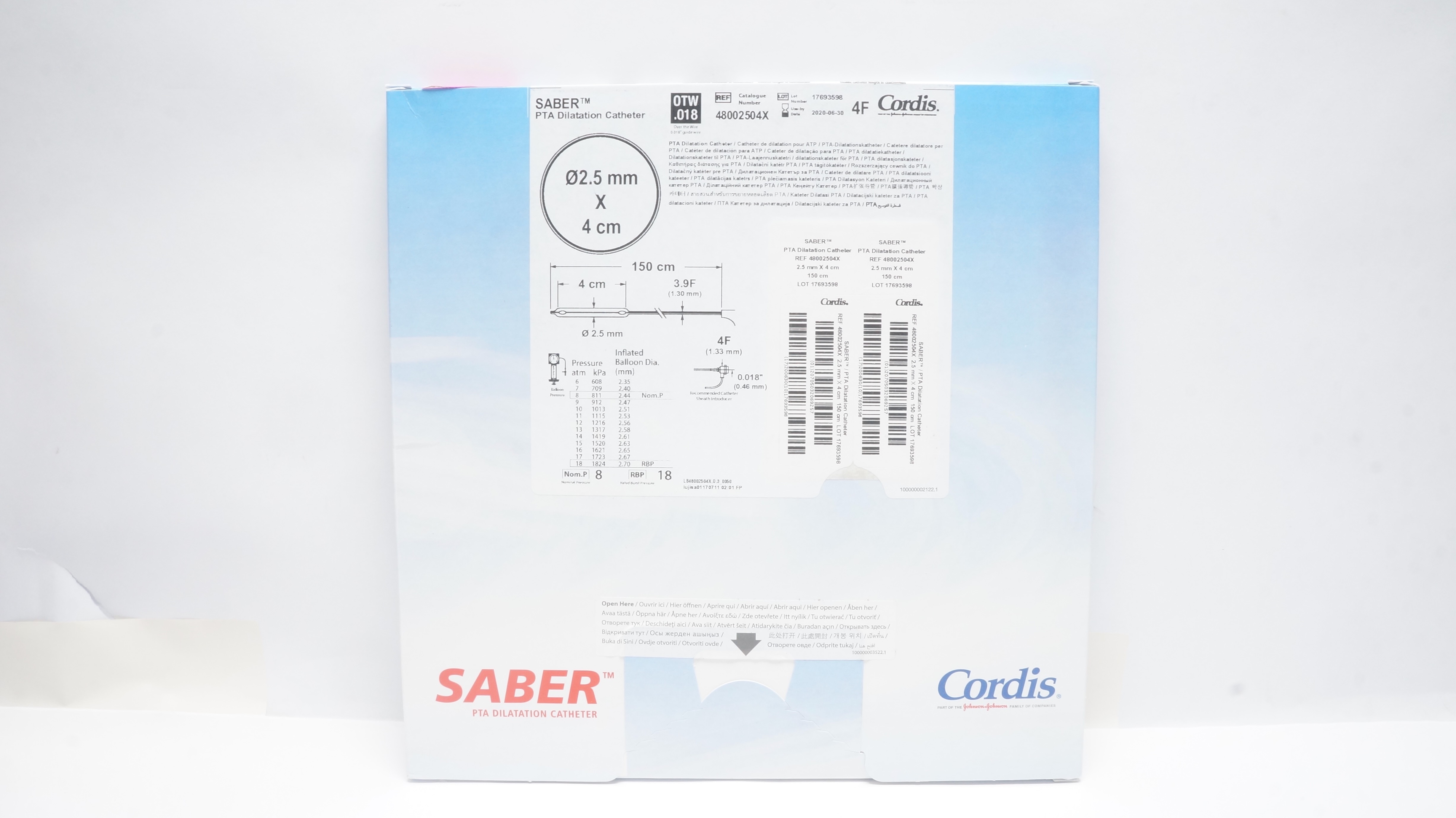 Cordis 48002504X SABER PTA Dilatation Cath. OTW .018inch, 2.5mm x 4cm x 150cm(x)