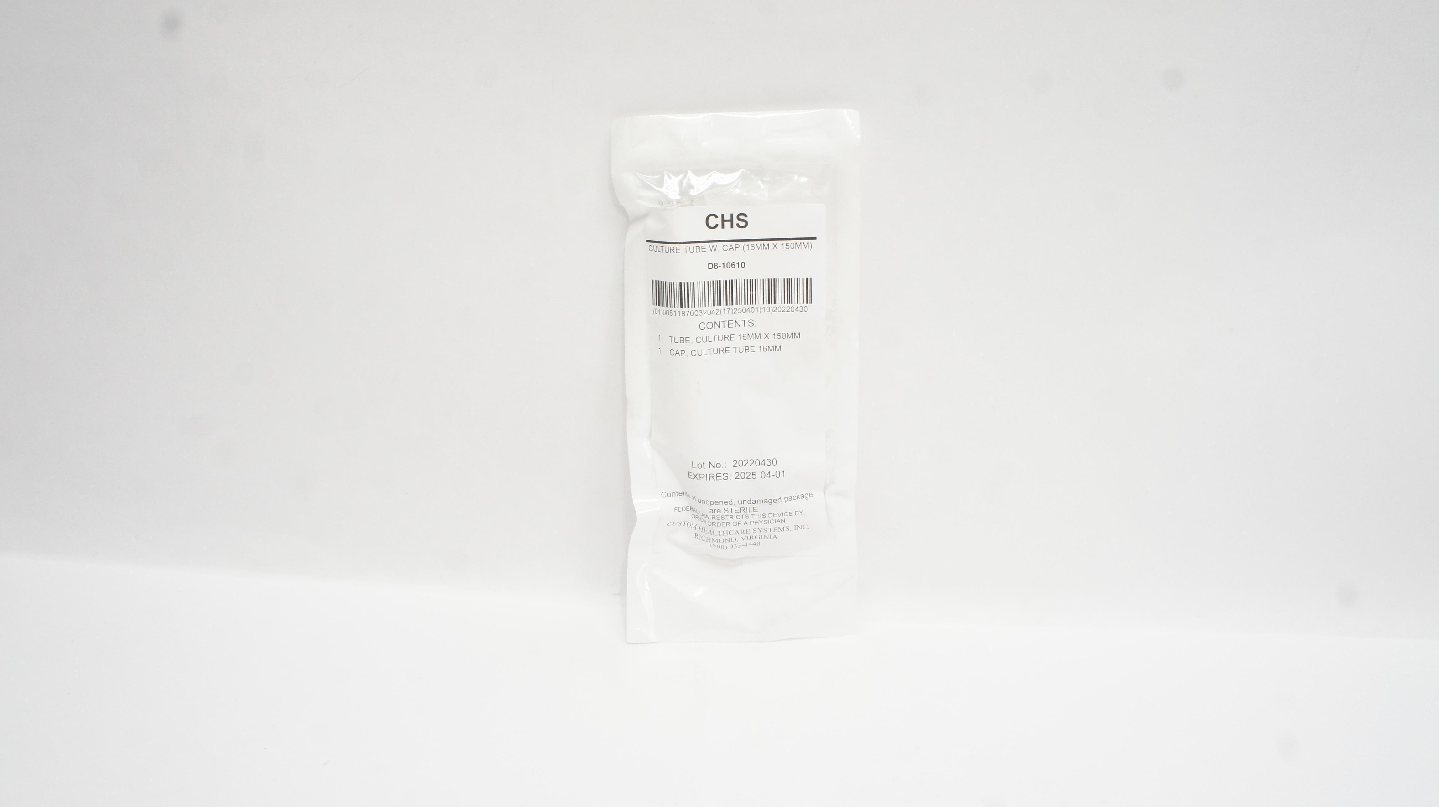 CHS D8-10610 Culture Tube W. Cap 16 mm x 150 mm