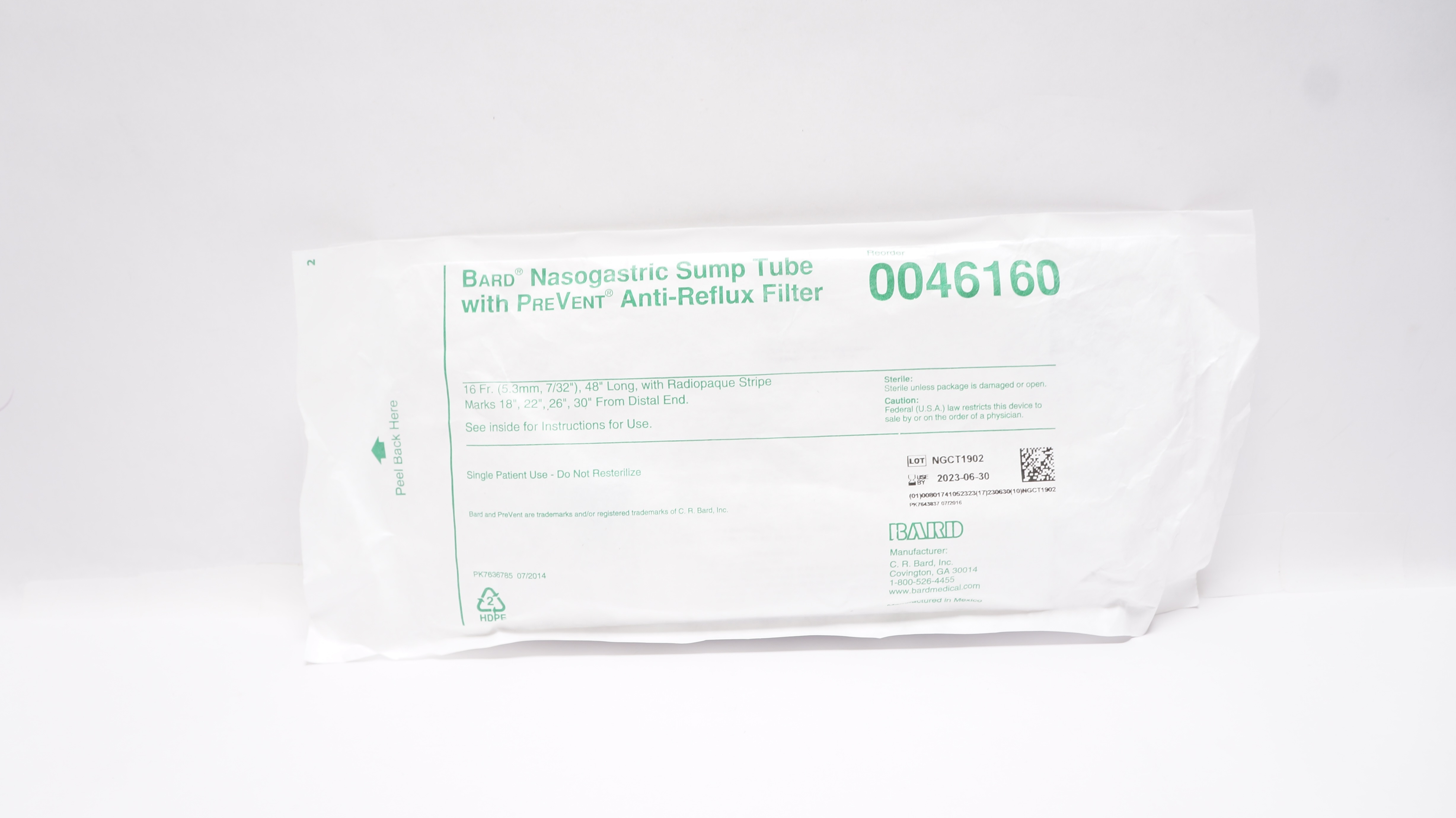 Bard 0046160 Nasogastric Sump Tube W/Anti-Reflux Filter, 16Fr. x 48inch (x)