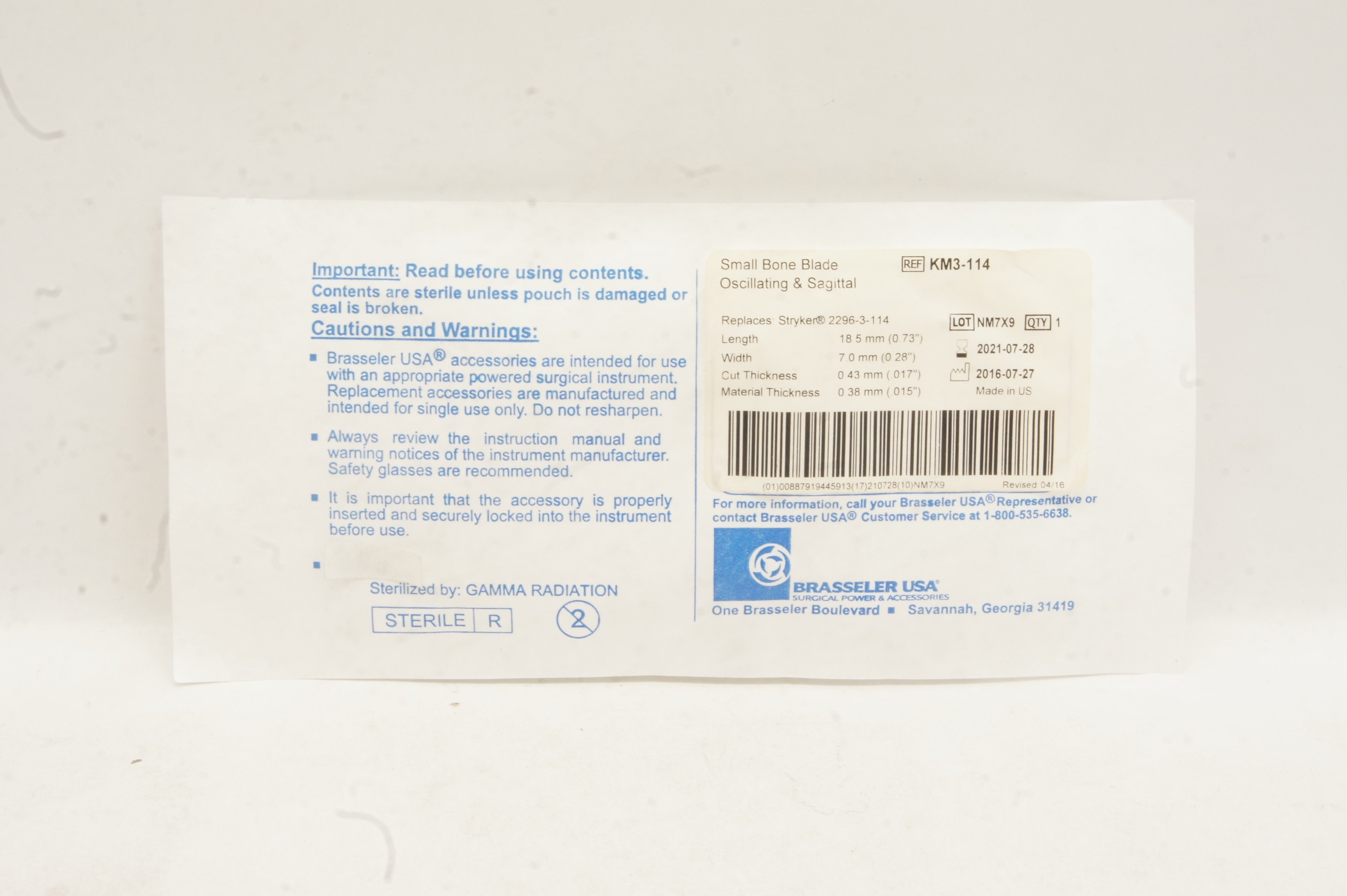 Brasseler KM3-114 Small Bone Blade Oscillating & Sagittal 0.73 x 0.28 inch (x)