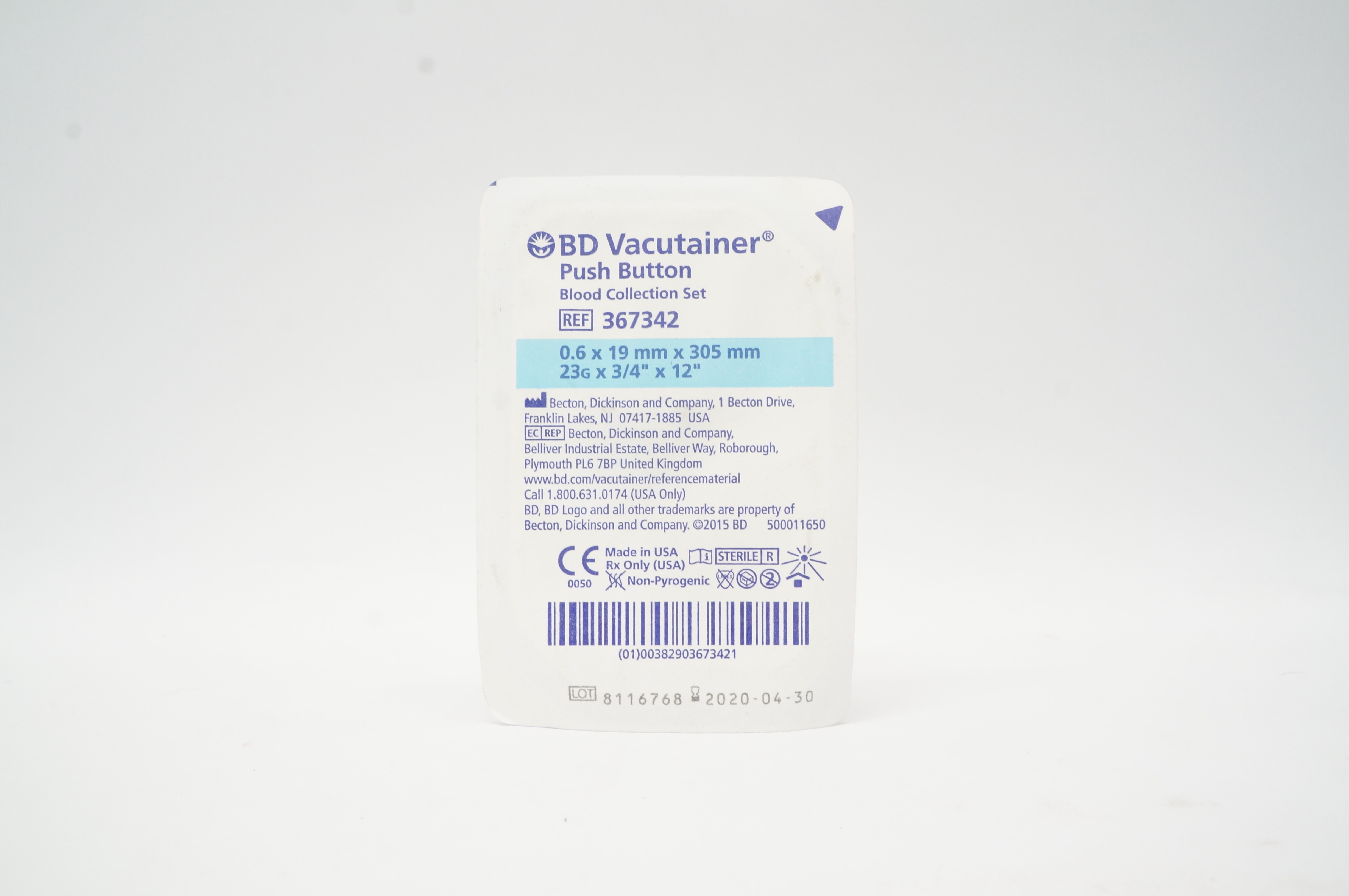 BD 367342 Vacutainer Push Button Blood Collection Set 23G x 3/4inch x 12inch (x)