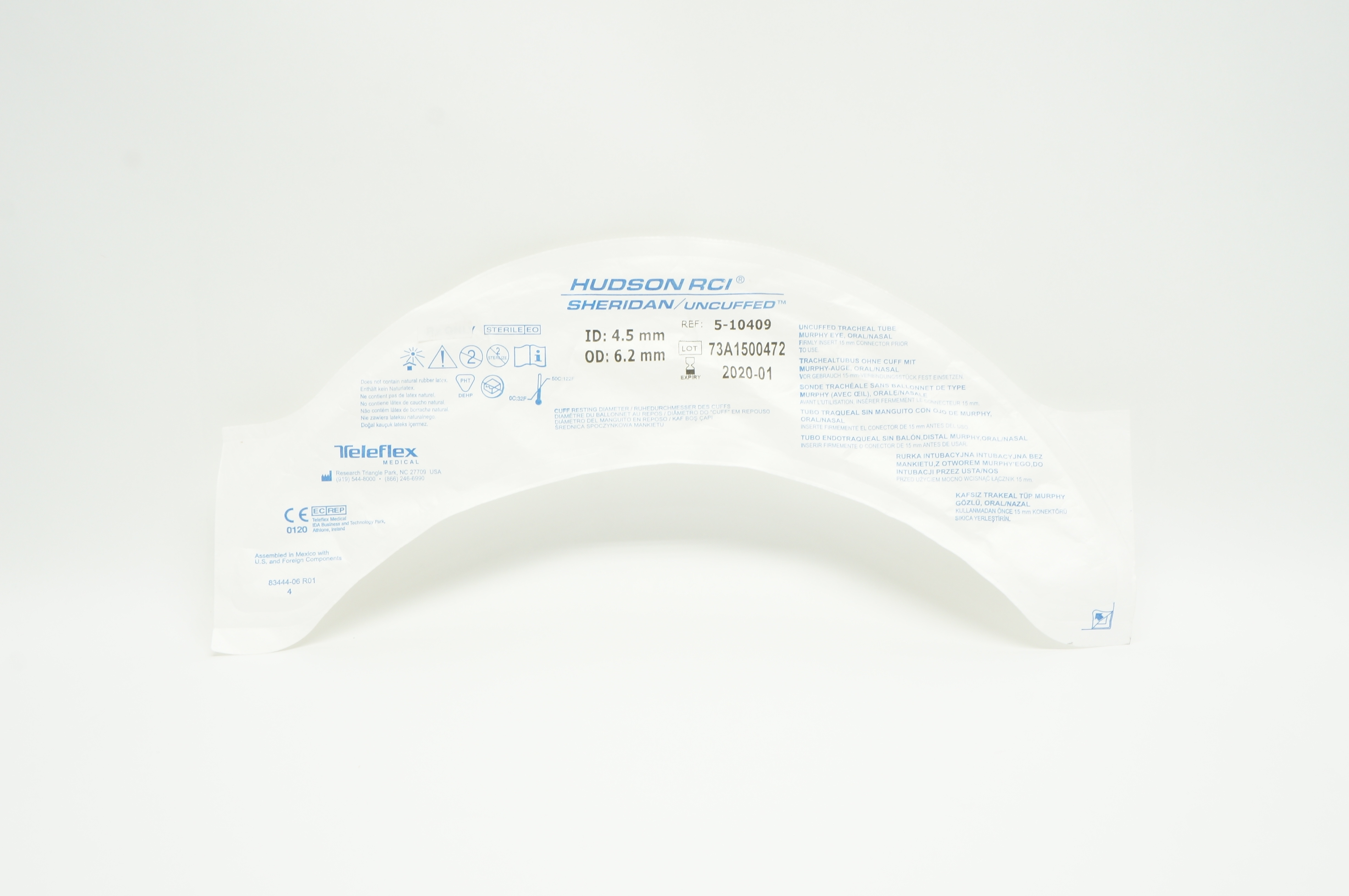 Teleflex 5-10109 Hudson RCI Sheridan Uncuffed Tracheal Tube 4.5mm x 6.2mm (x)