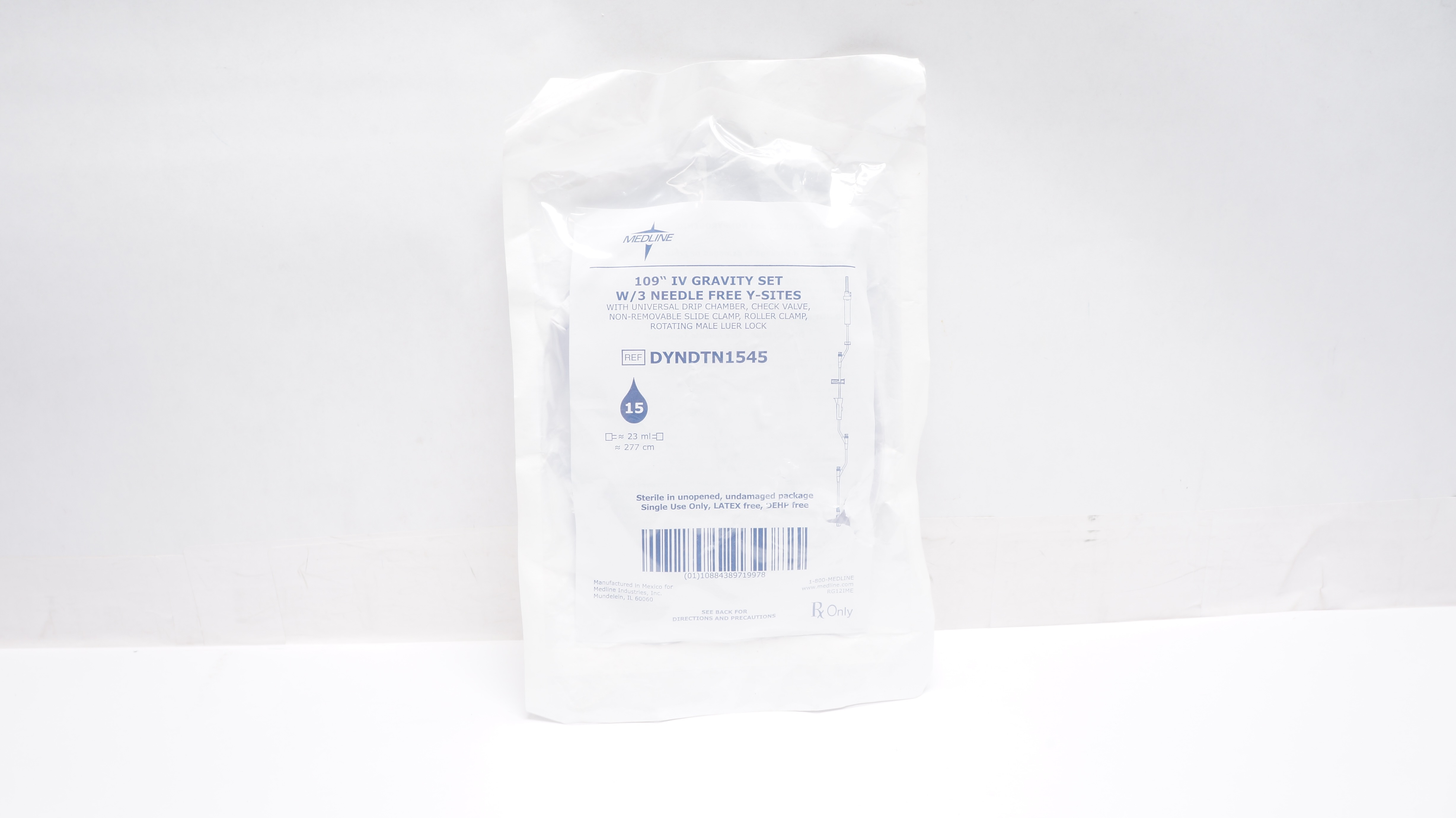 Medline DYNDTN1545 IV Gravity Set  w/3 Ndle-Free Ports, 15 Drop, 109inch Long