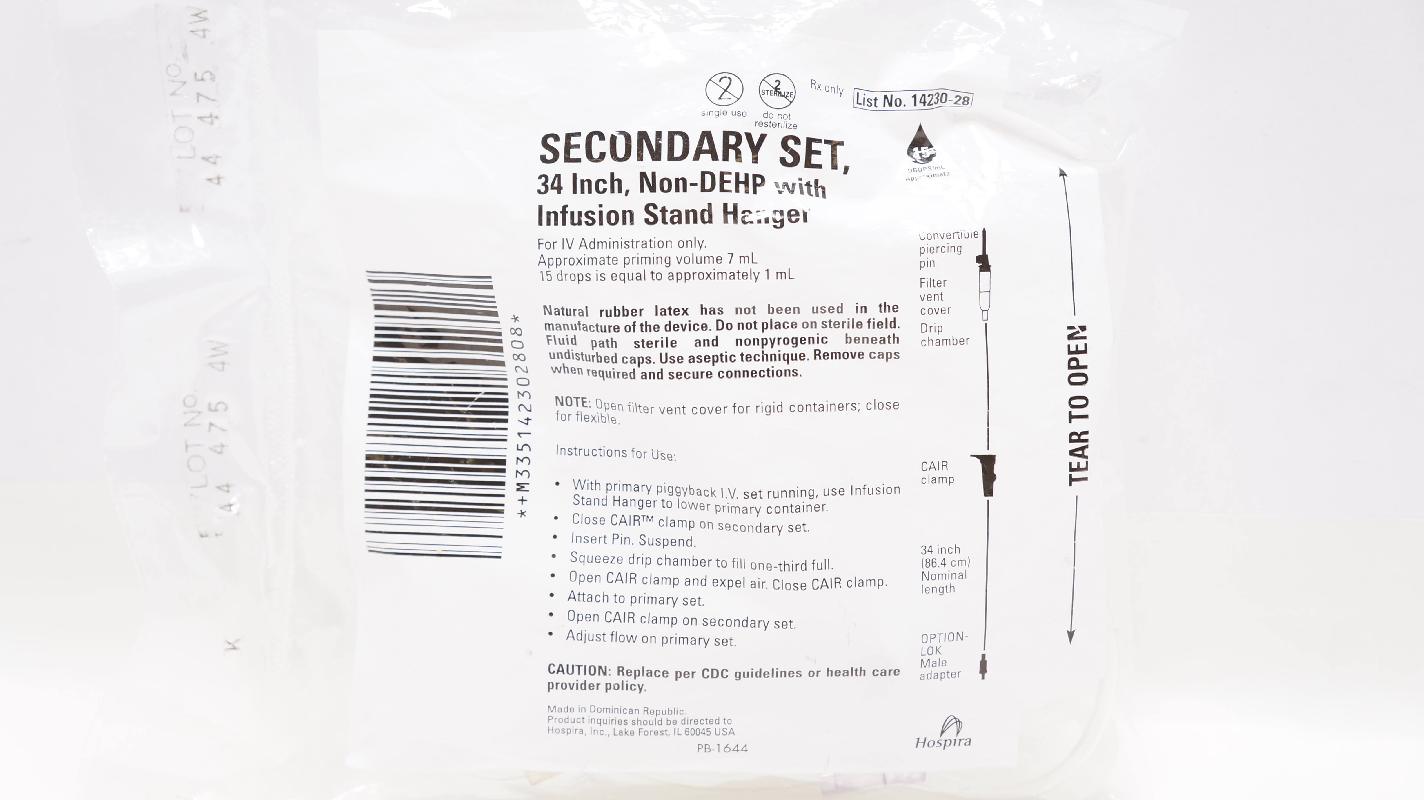 Hospira 1423028 Secondary Set w/Infusion Stand Hanger, 34inch 15 Drops/mL