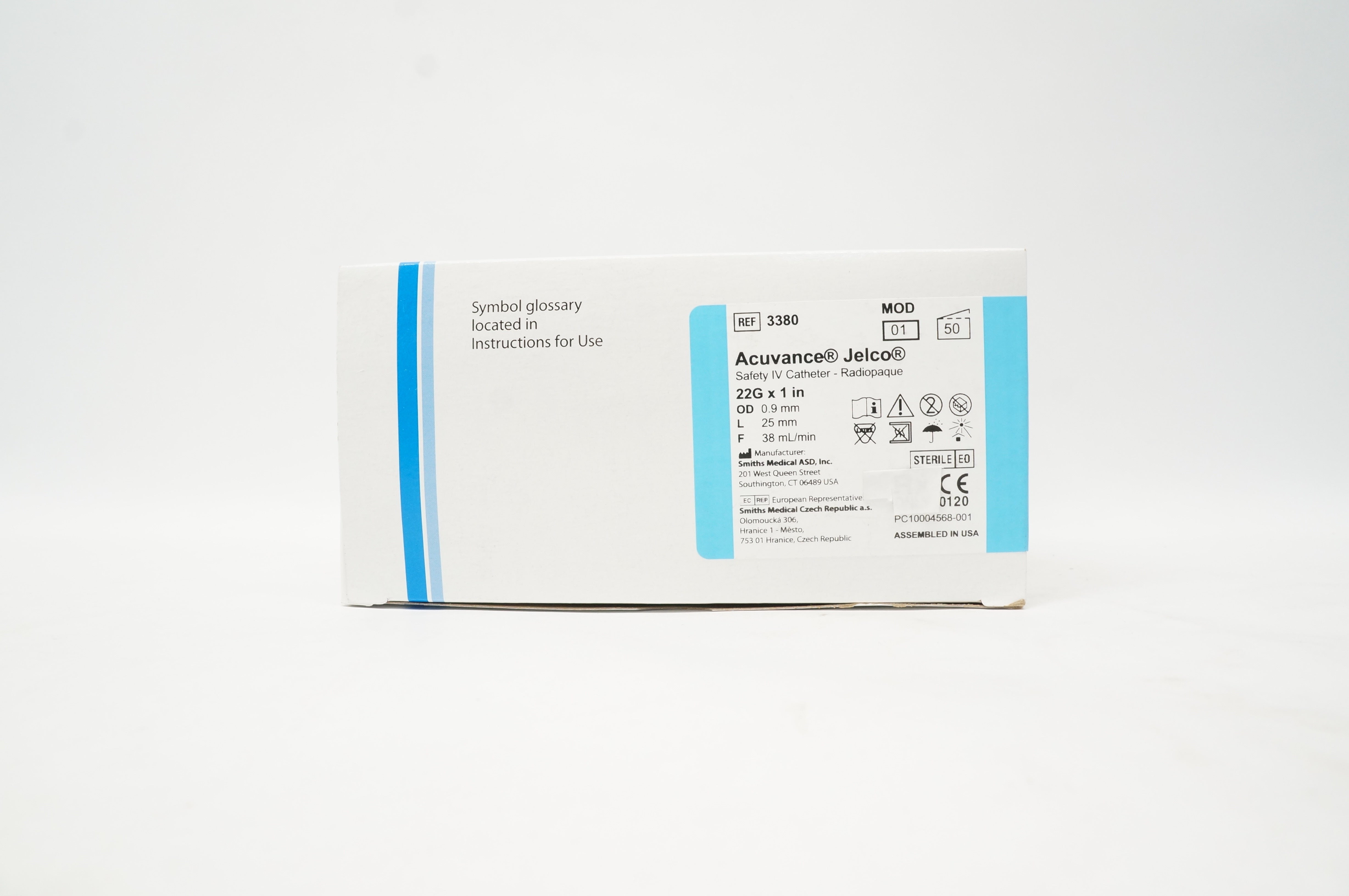 Smiths Medical 3380 Acuvance Jelco Safety IV Catheter 22G x 1inch - Box of 50