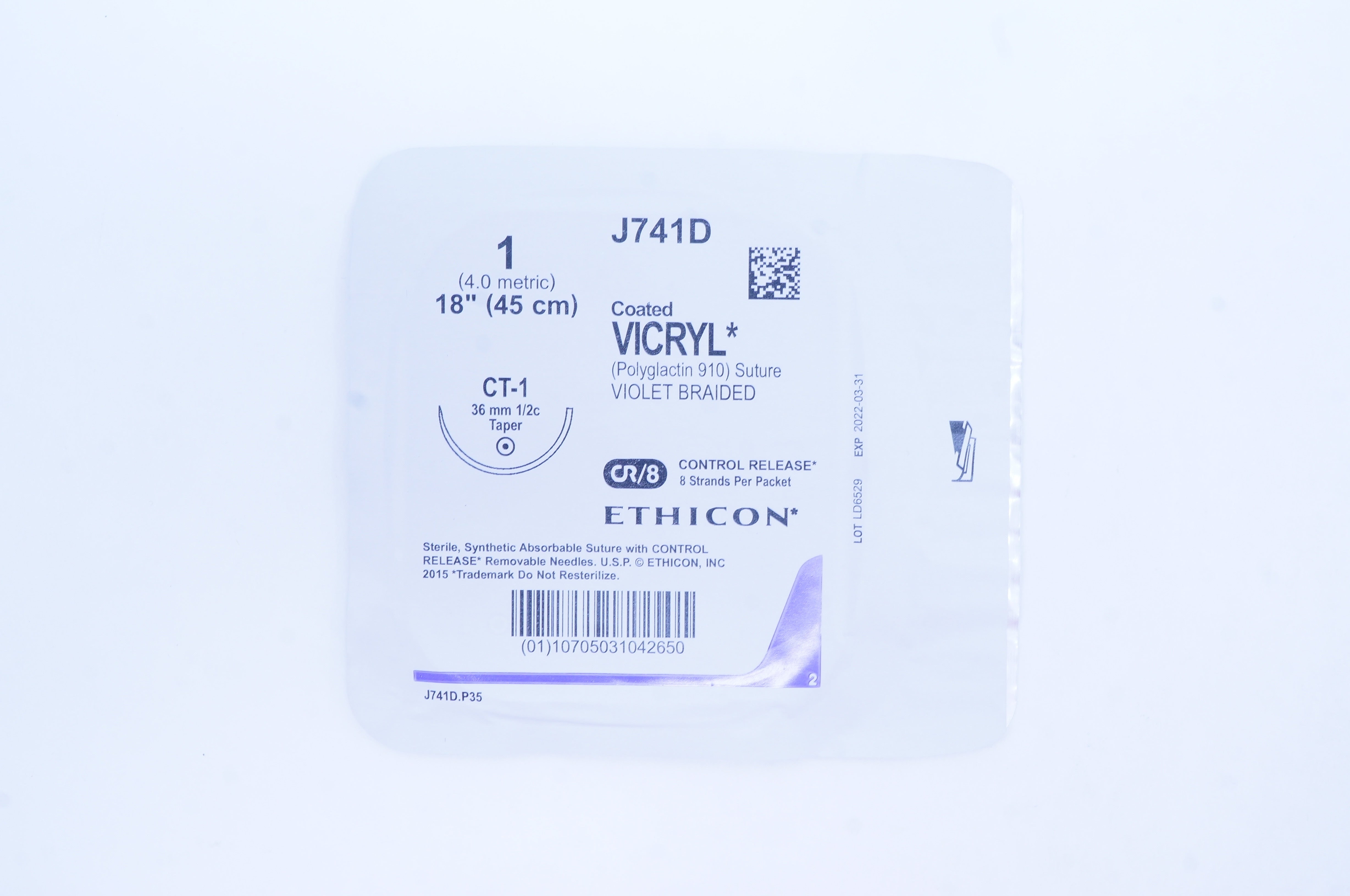 Ethicon J741D 1 Coated VICRYL CT-1 36mm 1/2c Taper, 18inch (x)