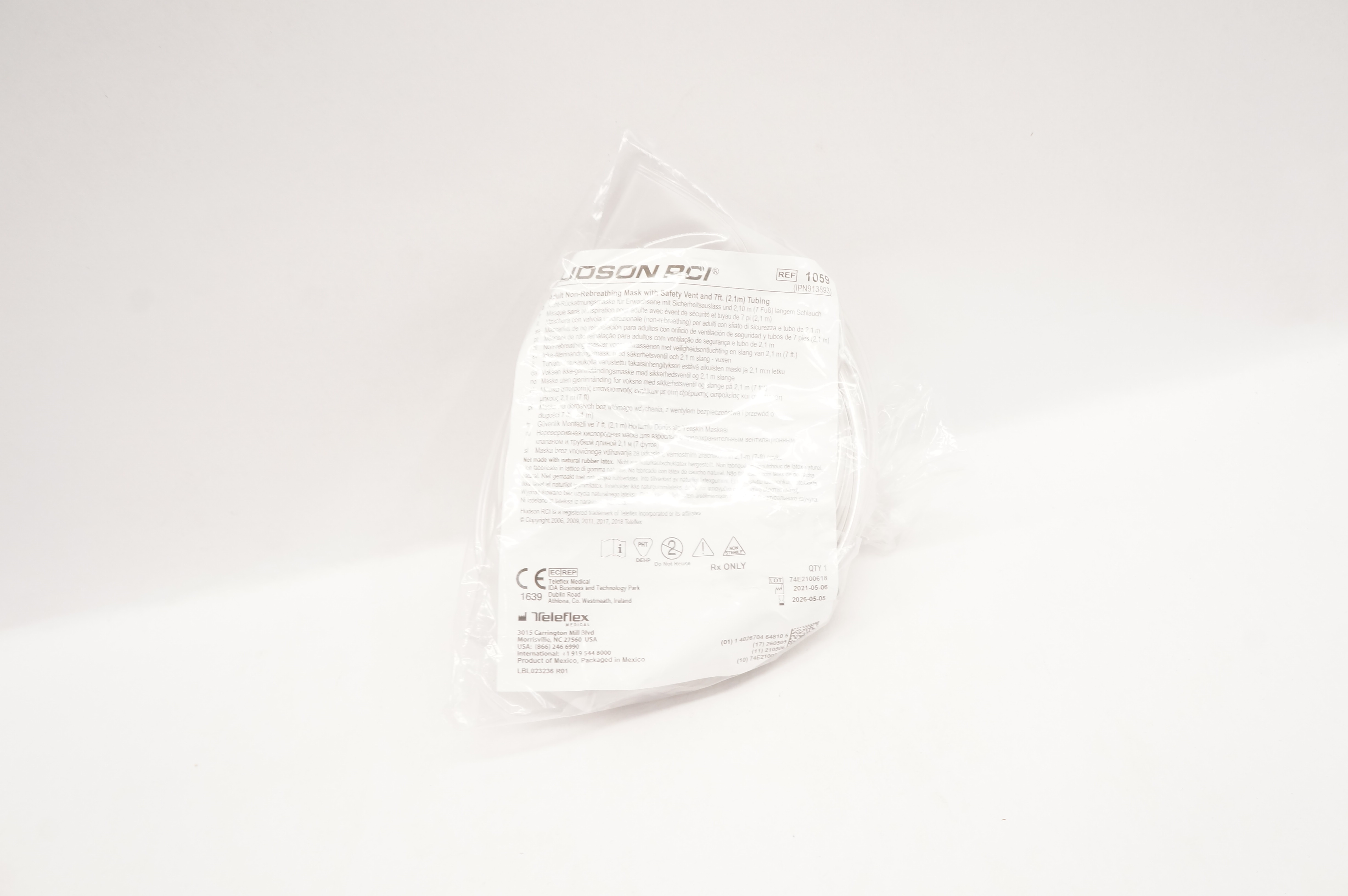 Teleflex 1059 Hudson RCI Adult Non-Rebreathing Mask w/Safety Vent & 7 ft. Tubing