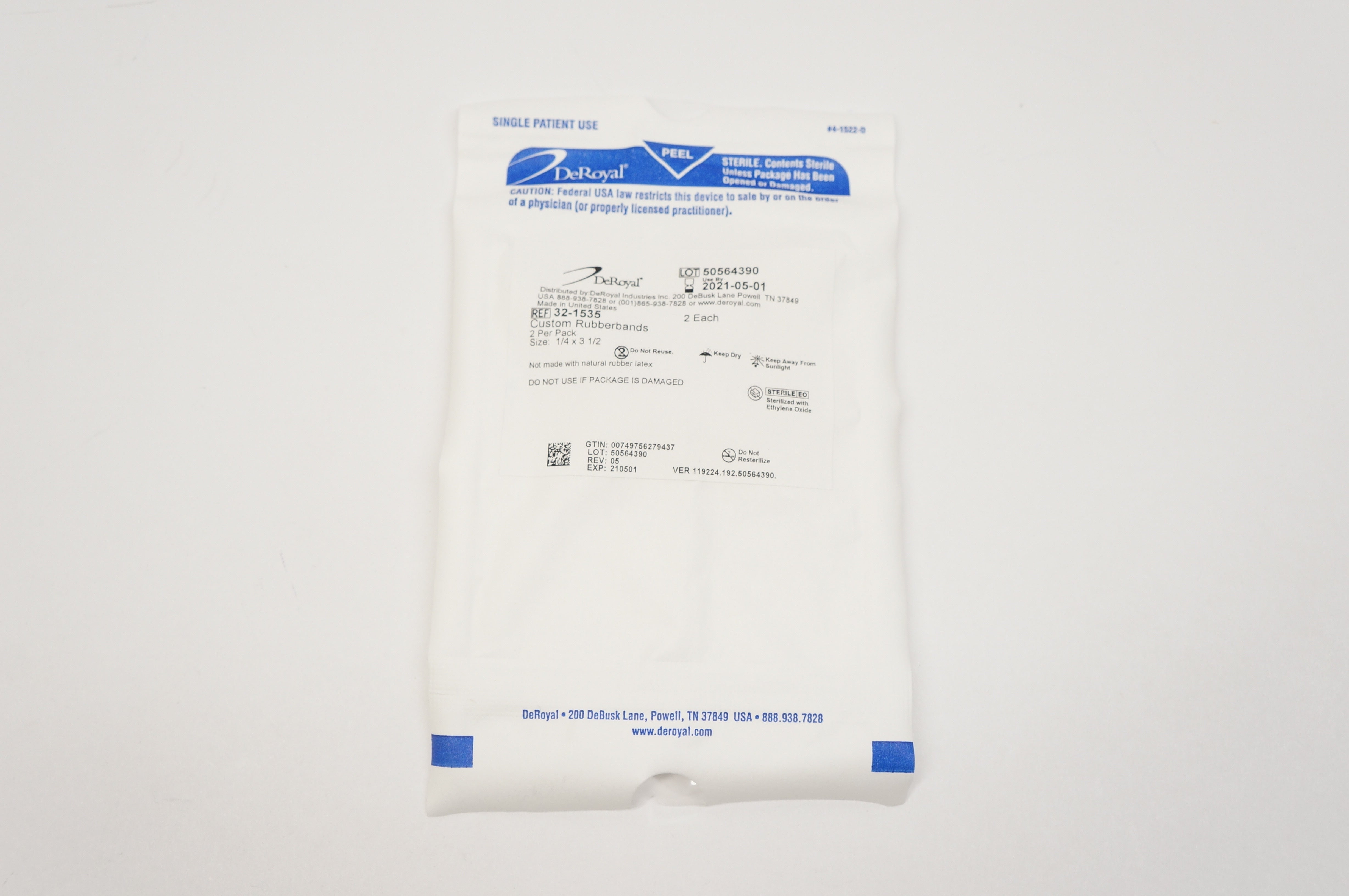 DeRoyal 321535 Custom Rubberbands, Sterile 1/4 x 3 1/2 inch (x) Pack