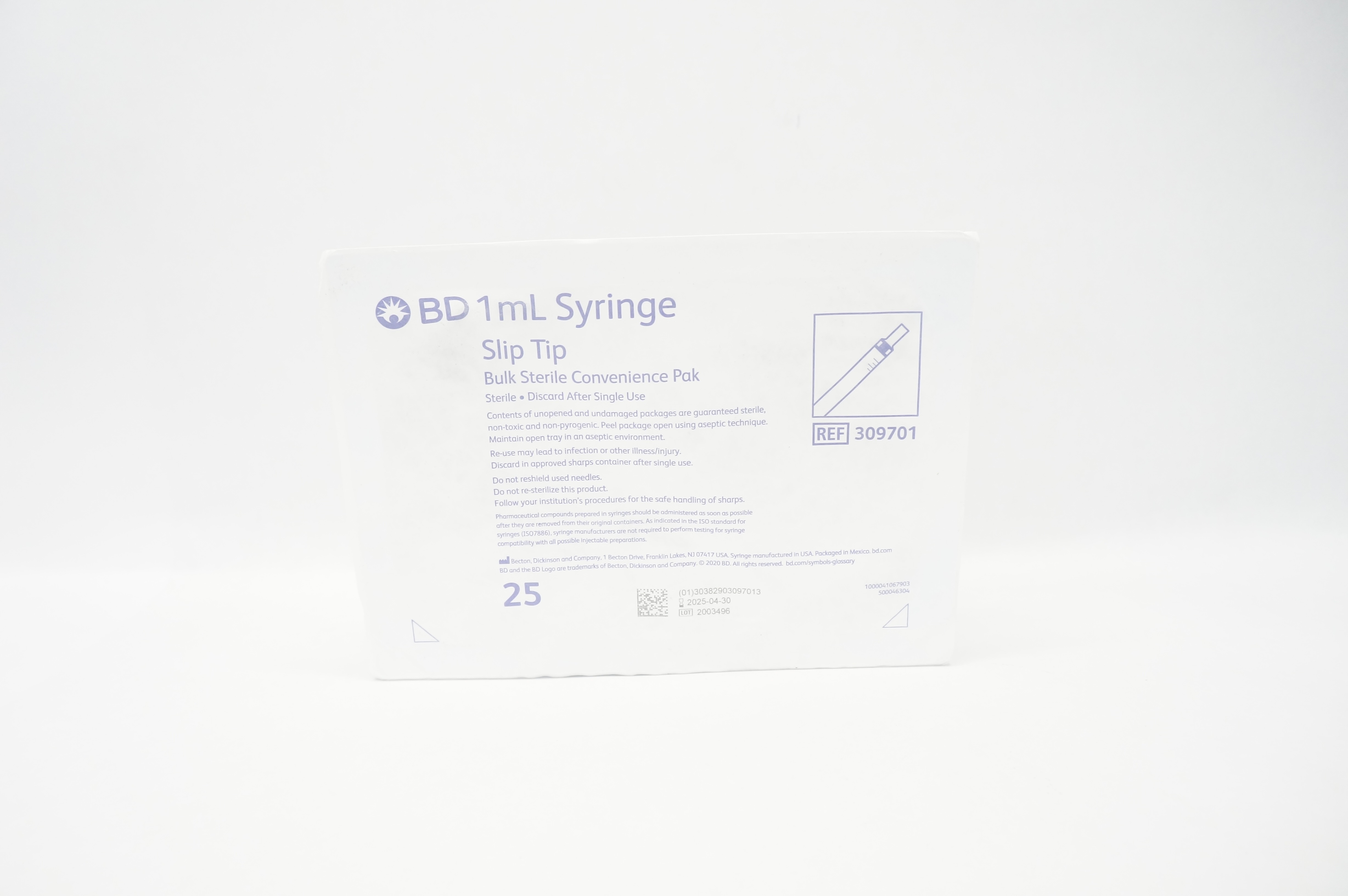 BD 309701 1ml Syringe Slip Tip - Box of 25
